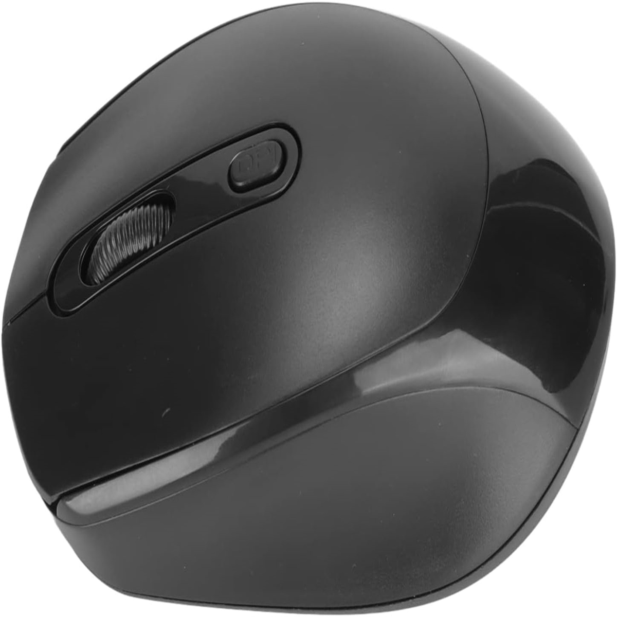 Eine schwarze kabellose Maus mit Scrollrad und Tasten.