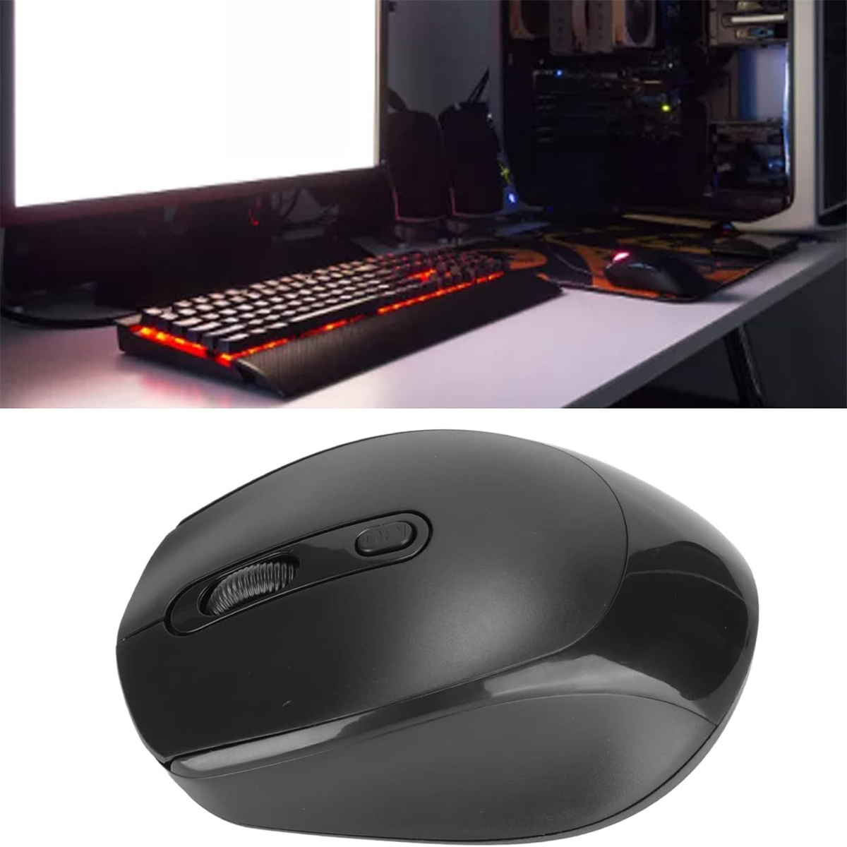 Eine schwarze Computermaus und ein Computer-Setup mit Tastatur und Monitor mit roter Beleuchtung.