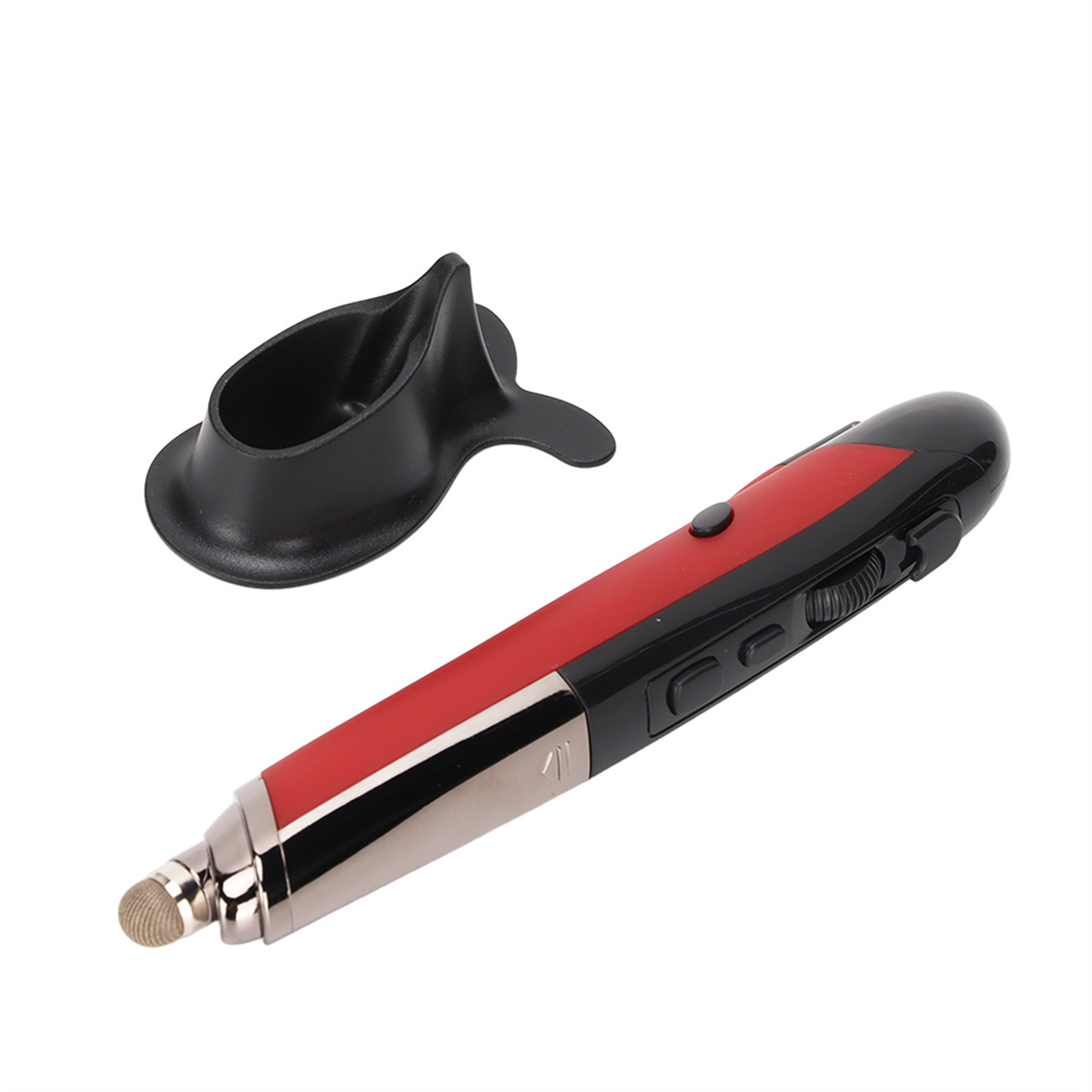 Roter und schwarzer Stylus-Stift mit Ständer. Weißer Hintergrund.