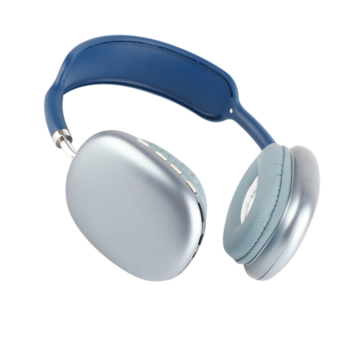 Over-Ear-Kopfhörer, silberne Ohrmuscheln mit blauem Kopfband und Akzenten. Weißer Hintergrund.