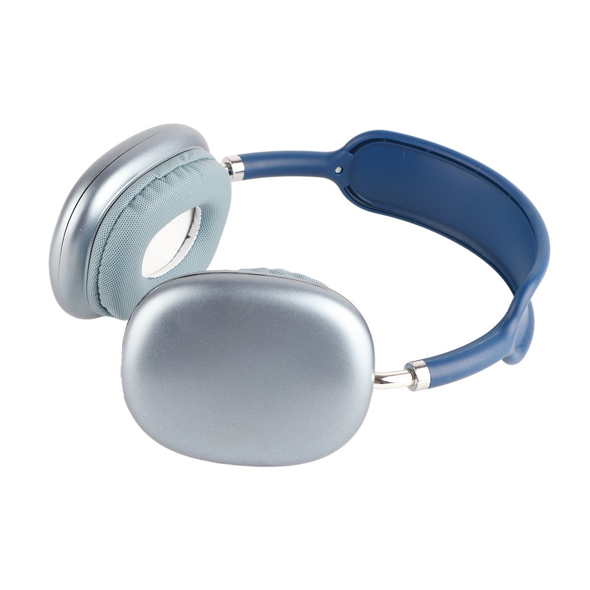 Silberne Kopfhörer mit blauem Bügel. Die Ohrmuscheln sind silbern und hellblau.