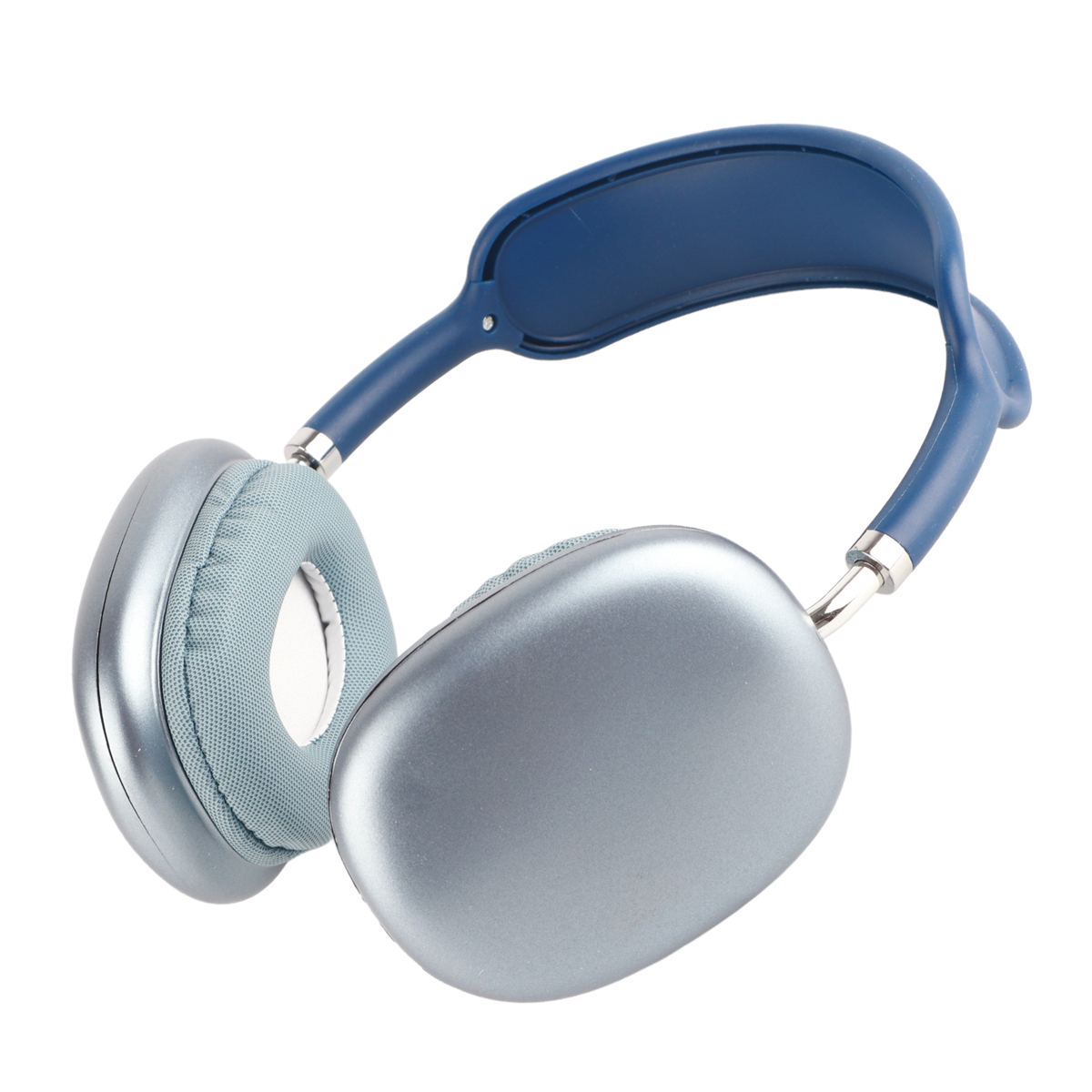 Silberne und blaue Kopfhörer. Die Ohrmuscheln sind oval und der Kopfbügel ist gebogen.