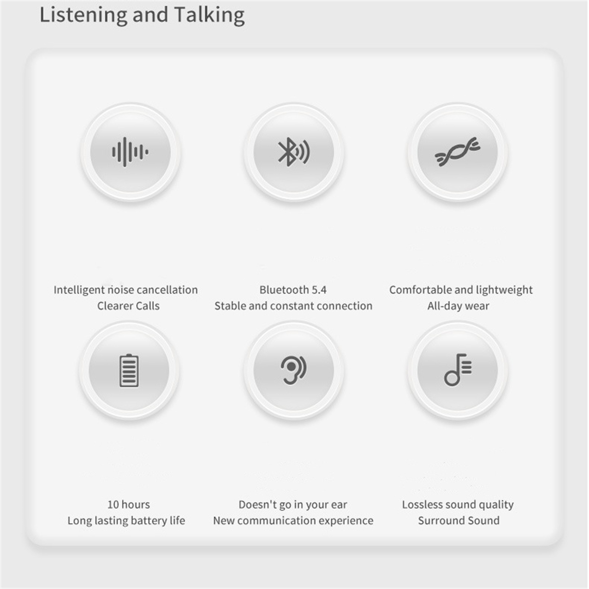 Diagramm mit Symbolen und Text. Zu den Funktionen gehören Geräuschunterdrückung, Bluetooth und lange Akkulaufzeit.