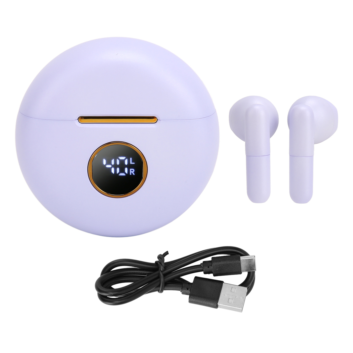 Lila kabellose Ohrhörer und Ladecase, USB-Kabel.