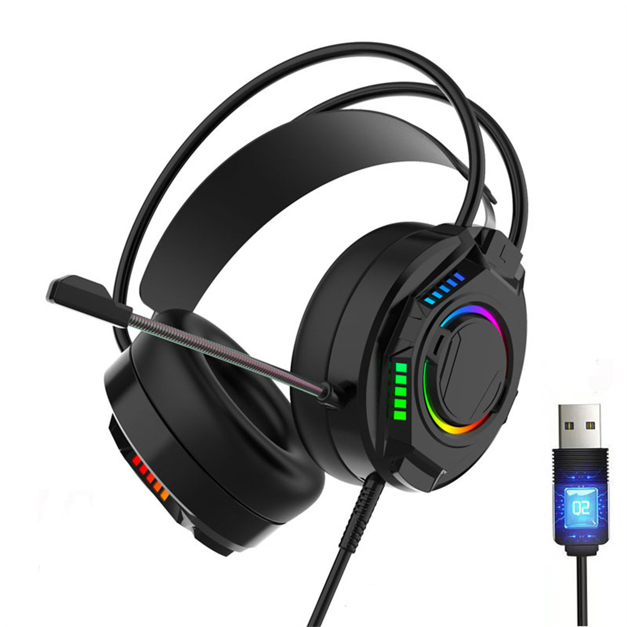 Schwarzes Gaming-Headset mit Mikrofon, LED-Leuchten und USB-Kabel. Der Hintergrund ist weiß.