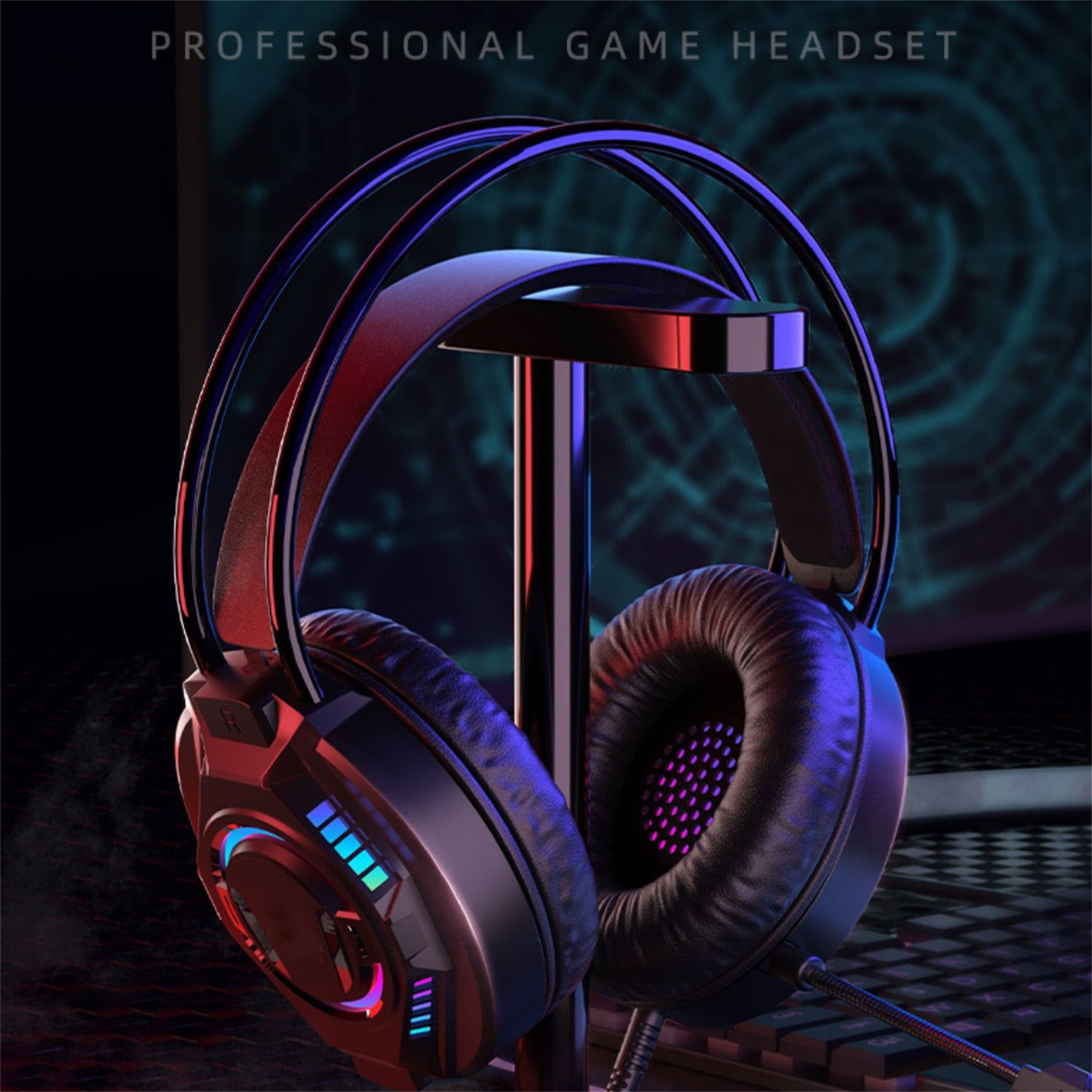 Ein professionelles Gaming-Headset auf einem Ständer in dunkler Umgebung.