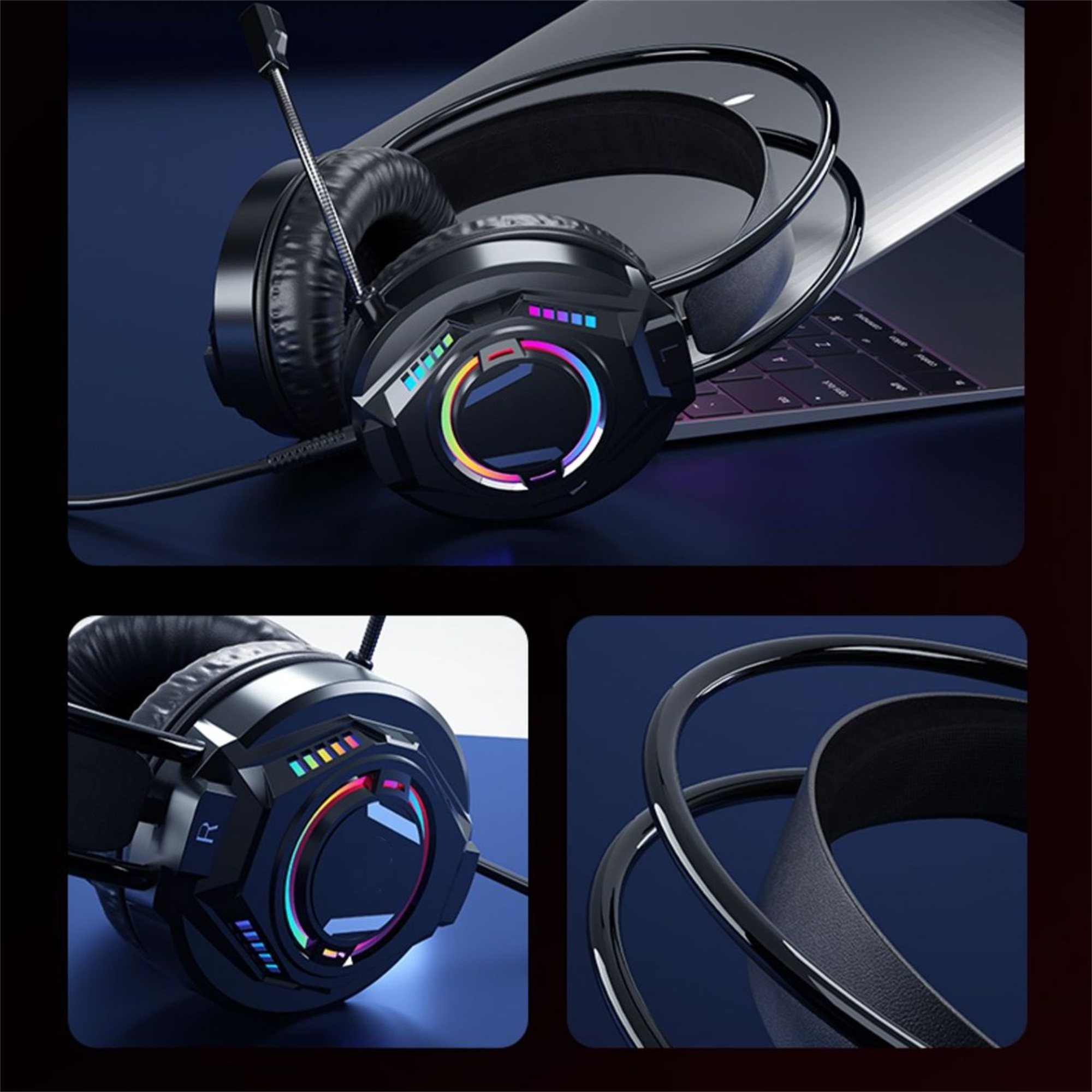Schwarzes Gaming-Headset mit RGB-Lichtern, einem Mikrofon und einem Laptop im Hintergrund. Nahaufnahme des Headsets.
