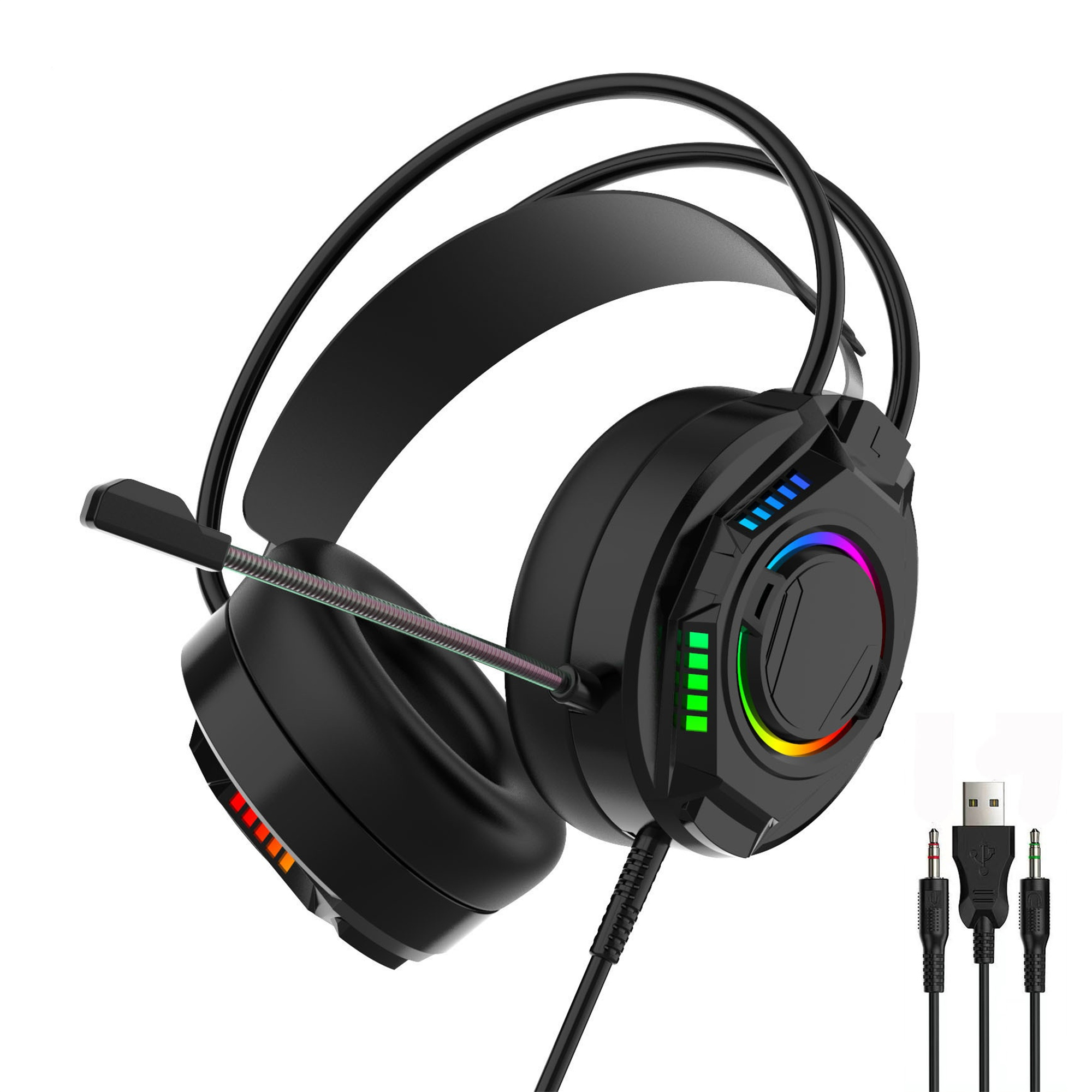 Schwarzes Gaming-Headset mit Mikrofon, Regenbogen-LEDs und USB/Audio-Anschlüssen.