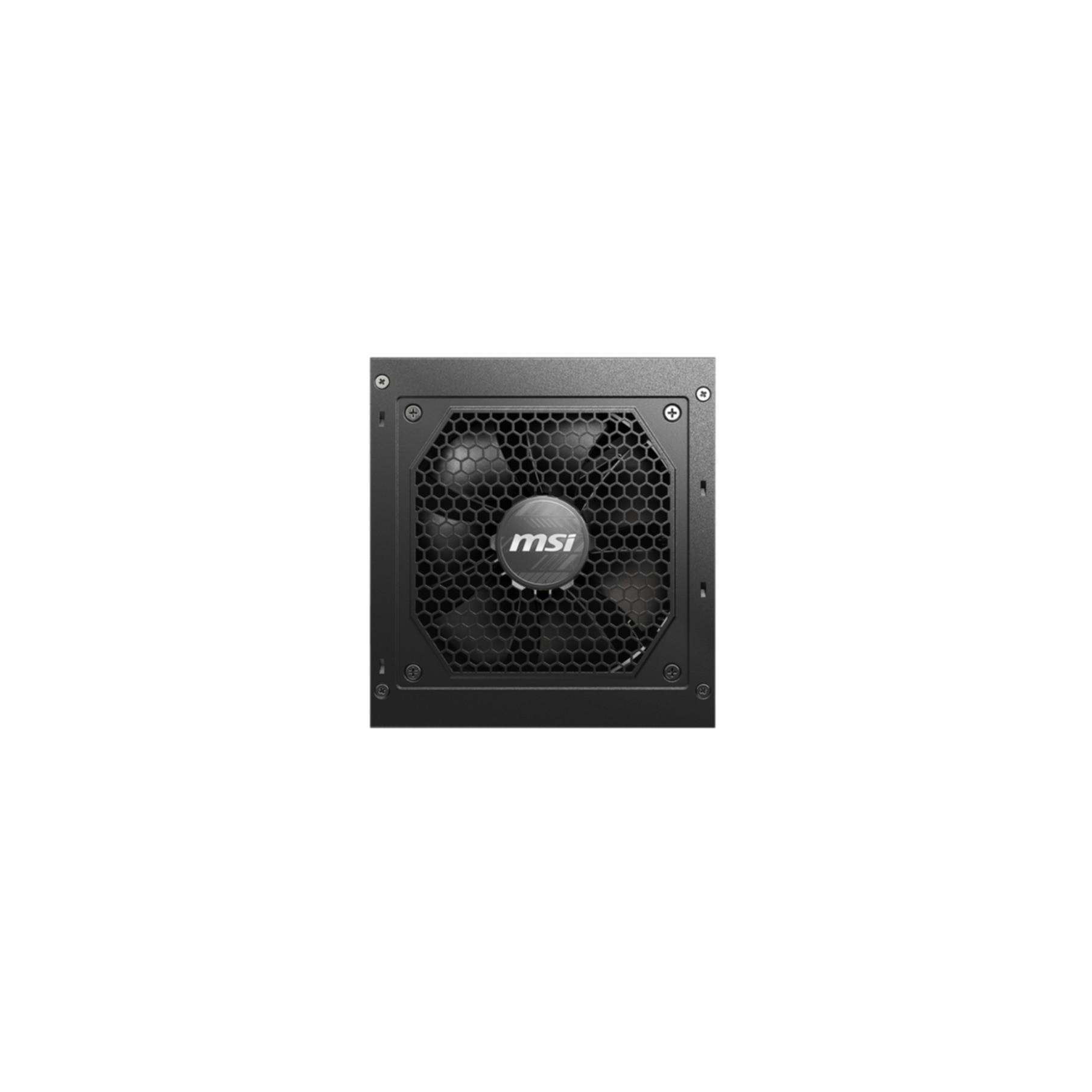 Black computer power supply with a fan and a honeycomb grill. The logo is visible.