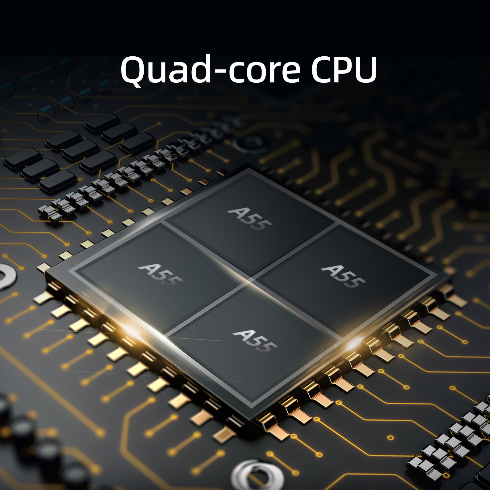 Nahaufnahme einer CPU mit dem Wort Quad-Core CPU oben.