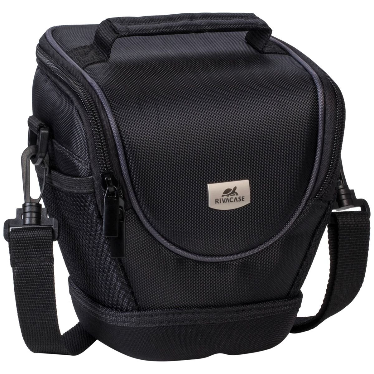 Eine schwarze Kameratasche mit Schulterriemen und mehreren Taschen.
