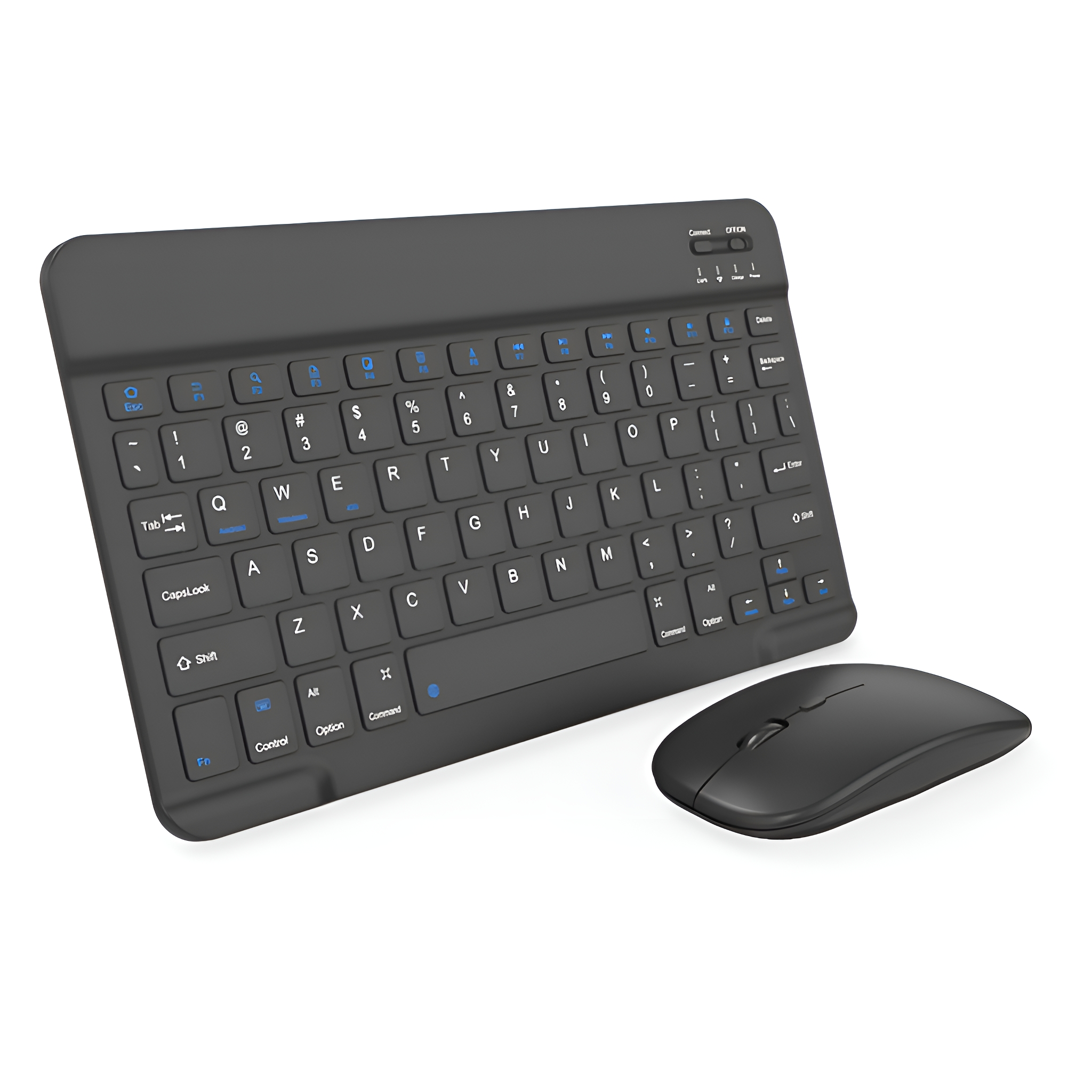 Schwarzes kabelloses Tastatur- und Maus-Set, auf weißem Hintergrund.