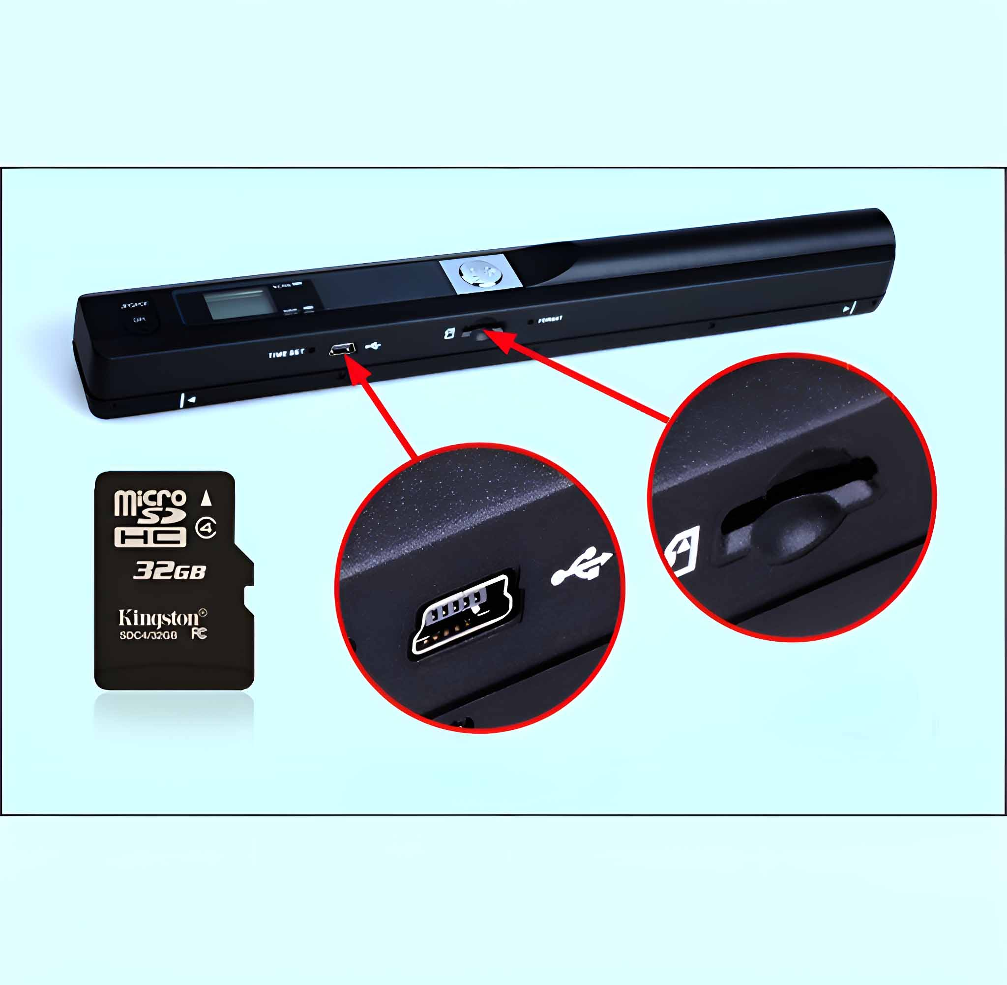 Ein schwarzer tragbarer Scanner mit Micro-SD-Karte und USB-Anschluss wird gezeigt. Nahaufnahme der Anschlüsse.