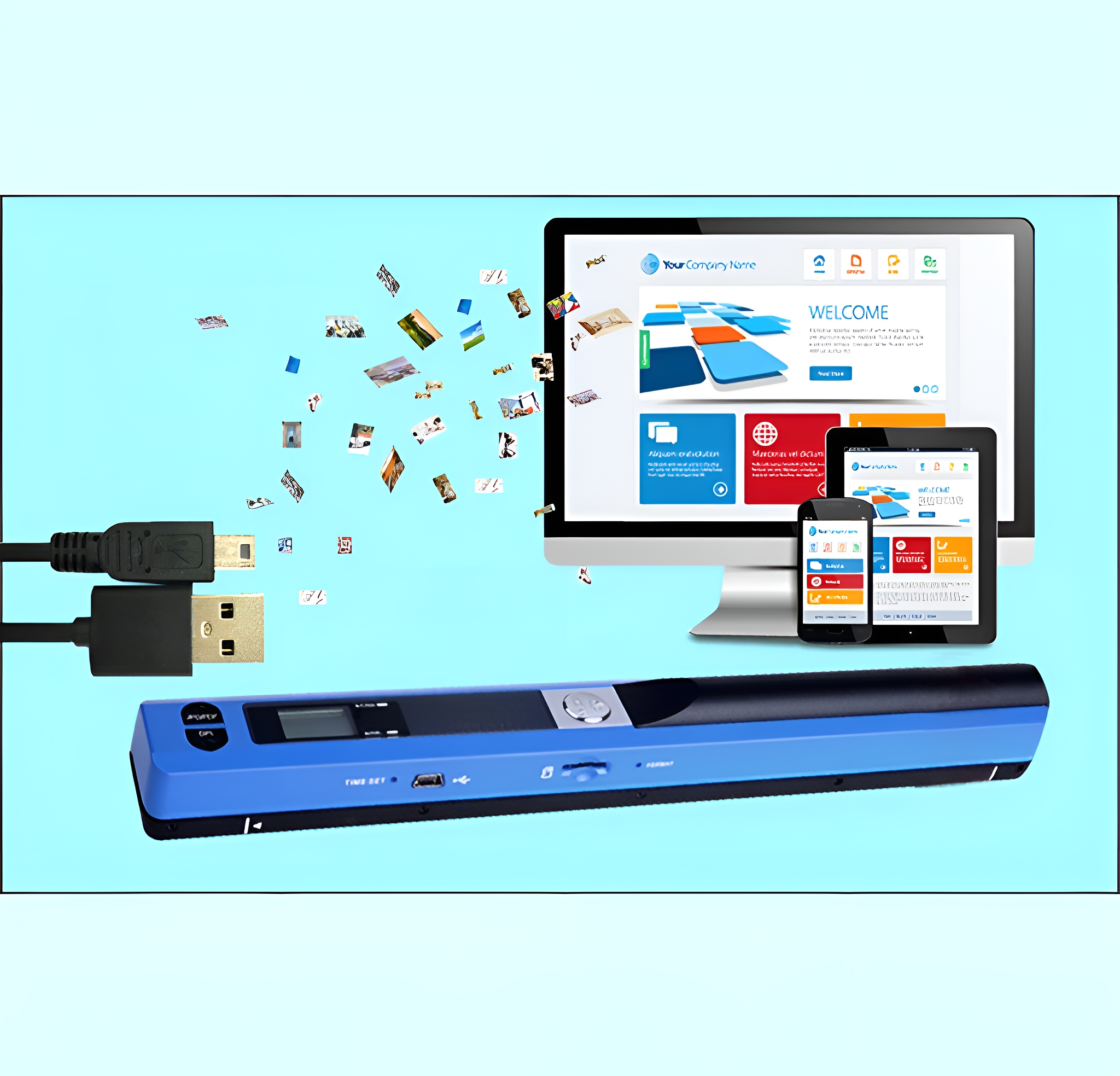 Blauer Scanner mit Computer, Tablet und Telefon verbunden, Webseite zeigend.