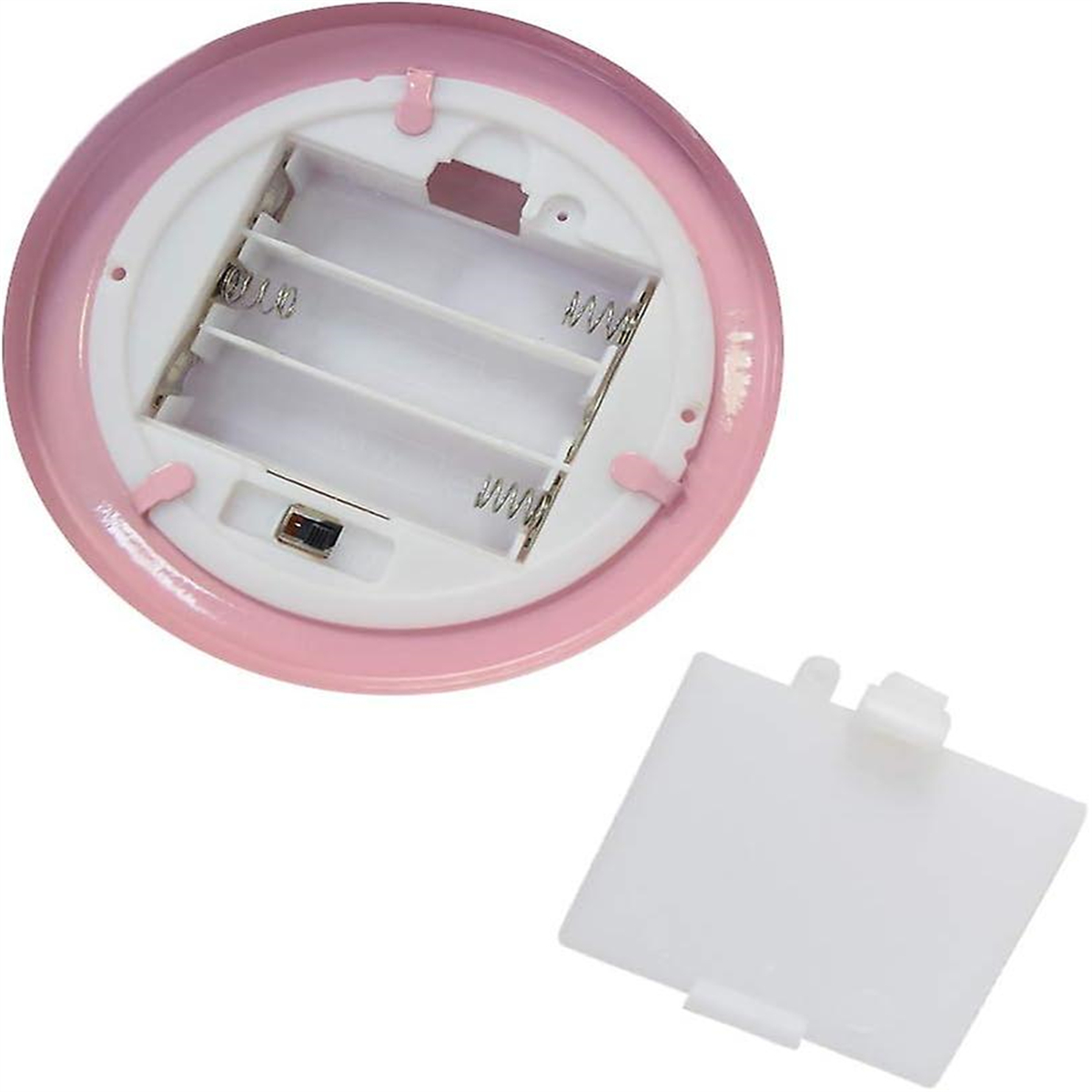 Rosa-weißes rundes Gerät mit offenem Batteriefach und abgenommener Abdeckung.