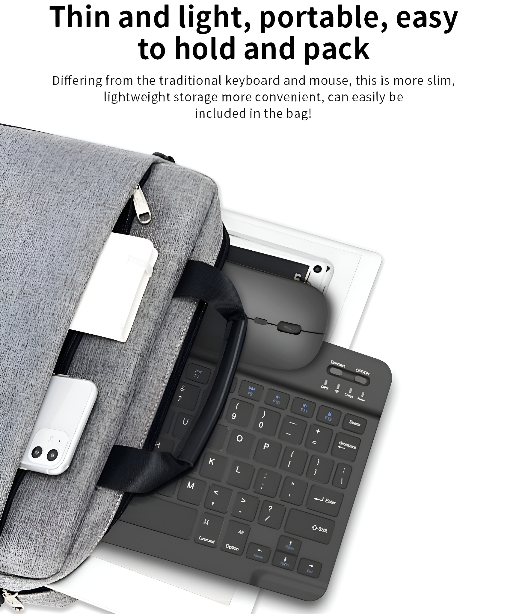 Eine Tasche mit Tablet, Maus, Tastatur und Telefon. Alles in Schwarz.