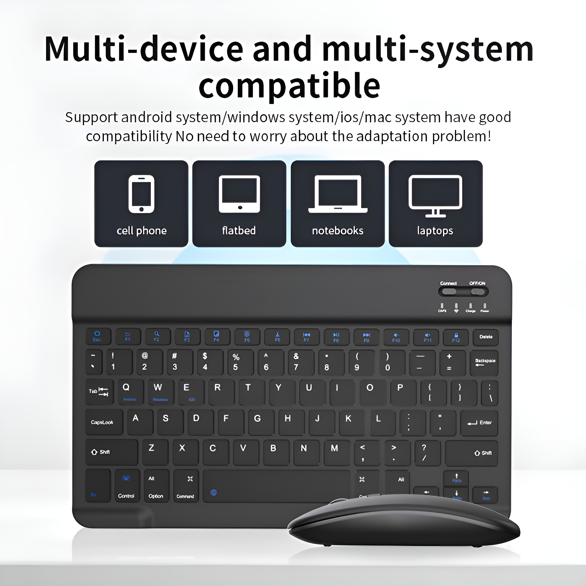 Schwarze Tastatur mit Maus, Text oben mit Geräte-Symbolen.