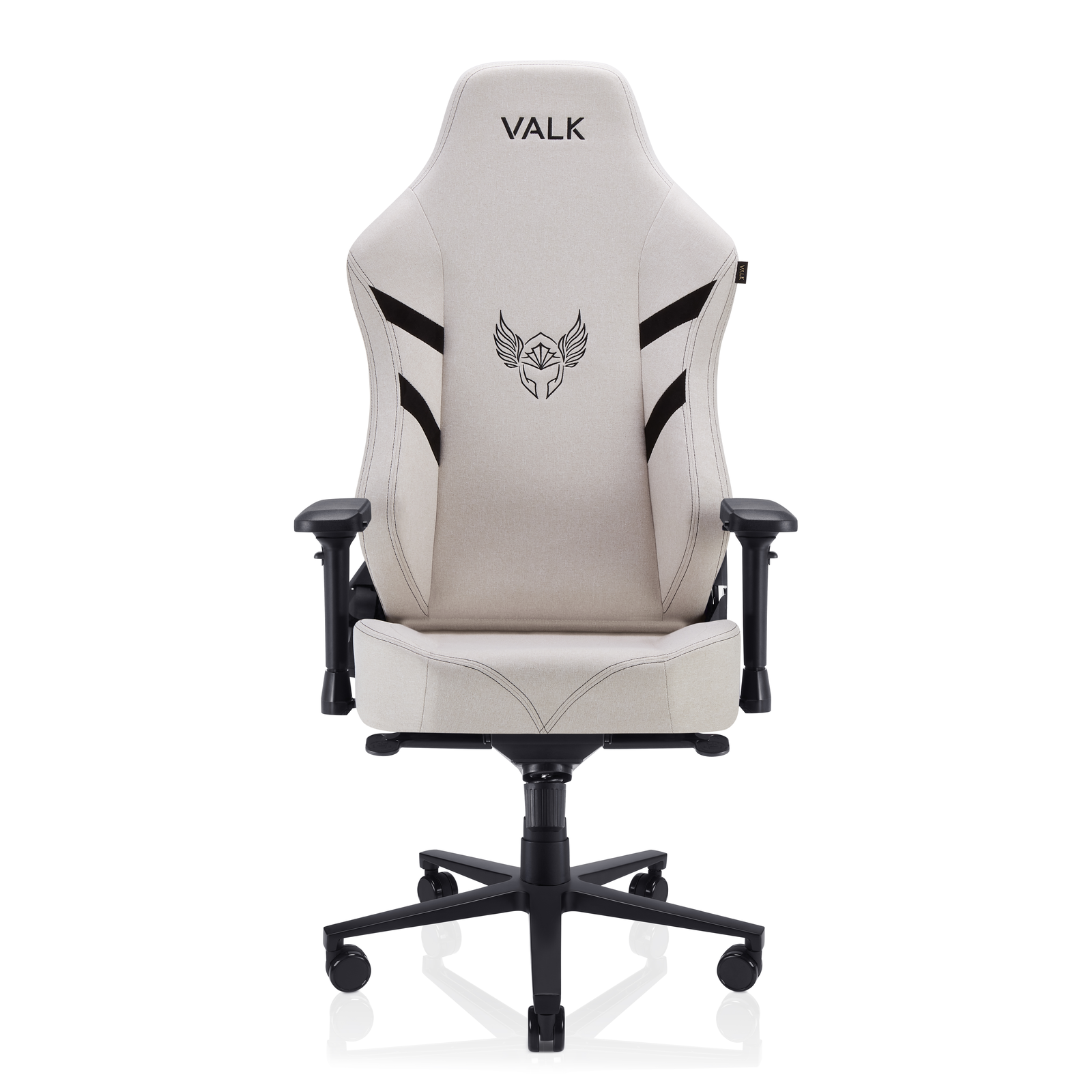 Silla gaming Valk crema con detalles negros, logo Valk. Vista frontal, sobre fondo blanco.