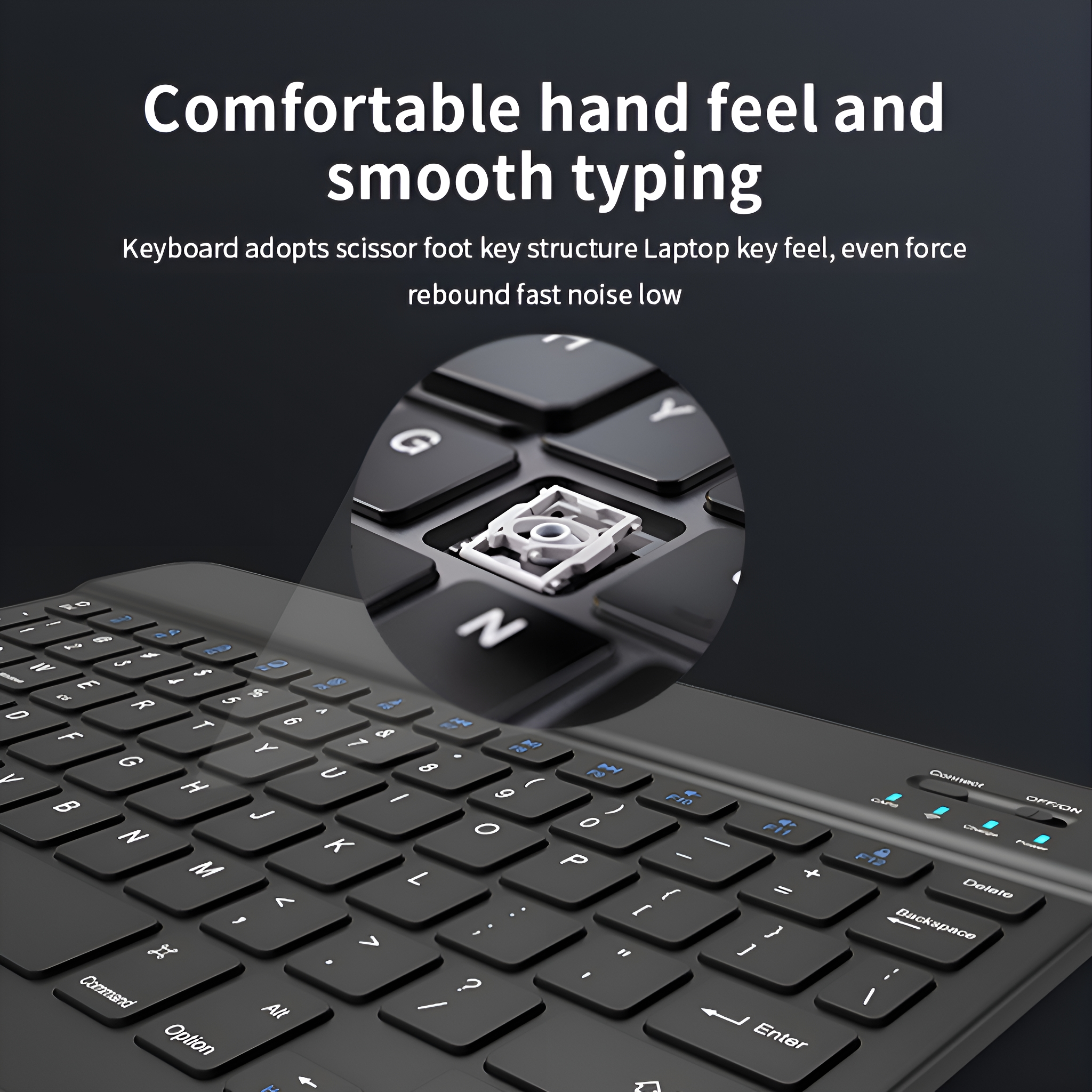 Eine schwarze Tastatur mit Nahaufnahme der Tasten, die die Tastenstruktur und Beschriftungen zeigt.