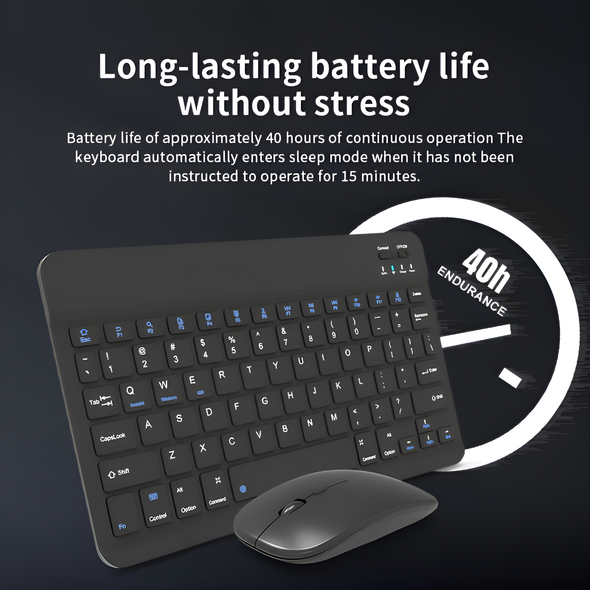 Schwarzes kabelloses Tastatur- und Maus-Set mit weißem Hintergrund, mit 40h Ausdauer-Anzeige.