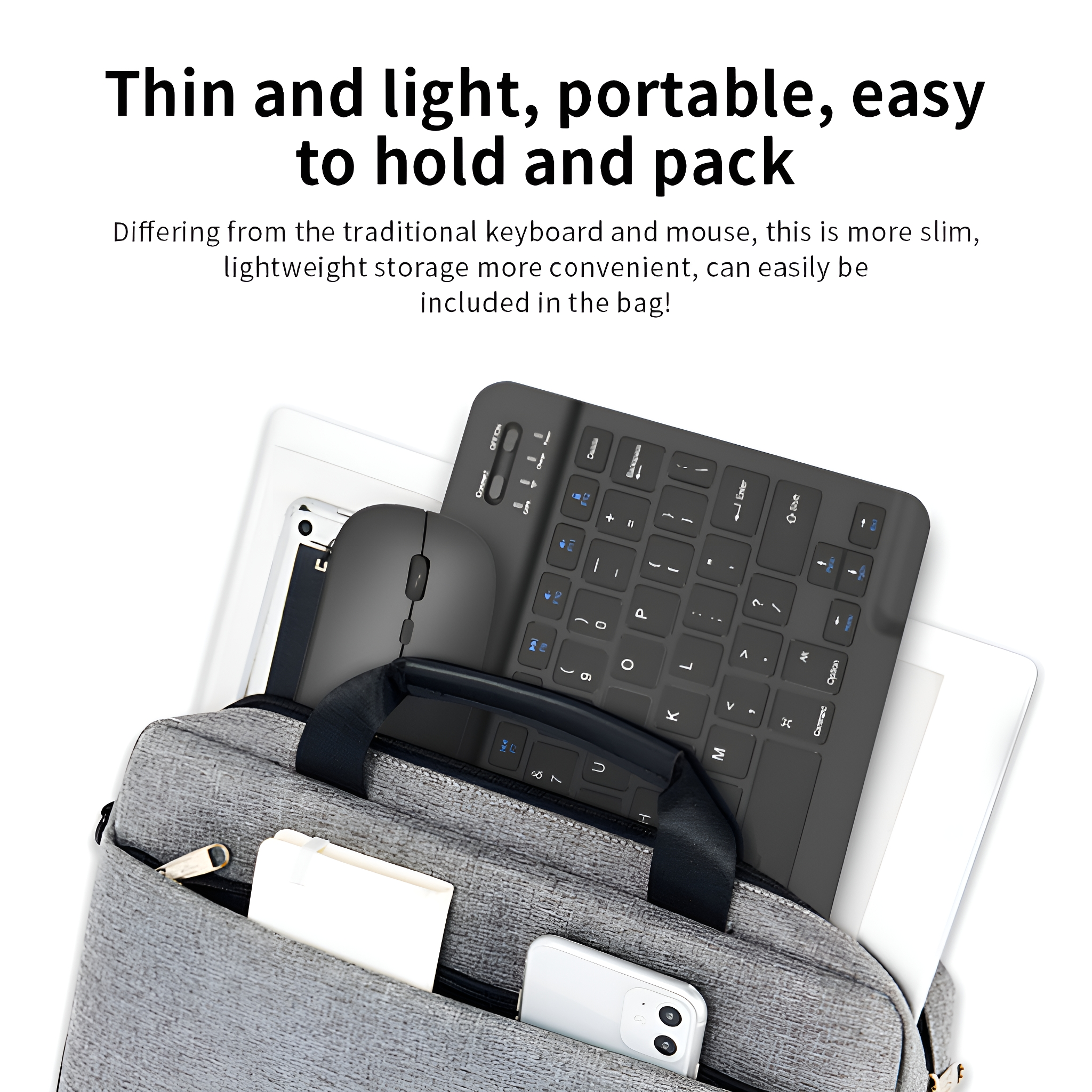 Eine graue Tasche mit Tastatur, Maus, Tablet und Telefon im Inneren.
