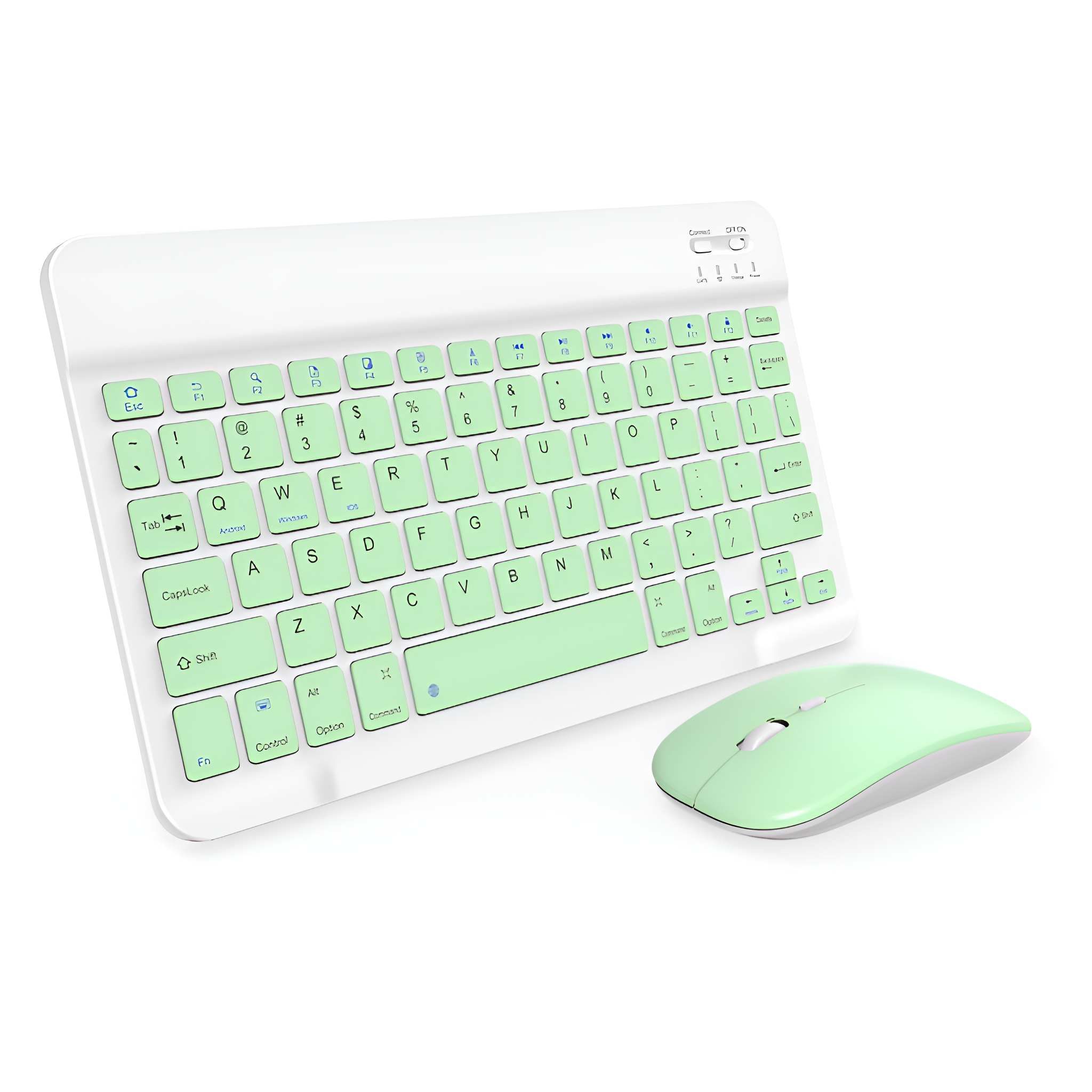 Eine weiße Tastatur und eine Maus. Die Tastatur hat grüne Tasten. Die Maus ist mintgrün.