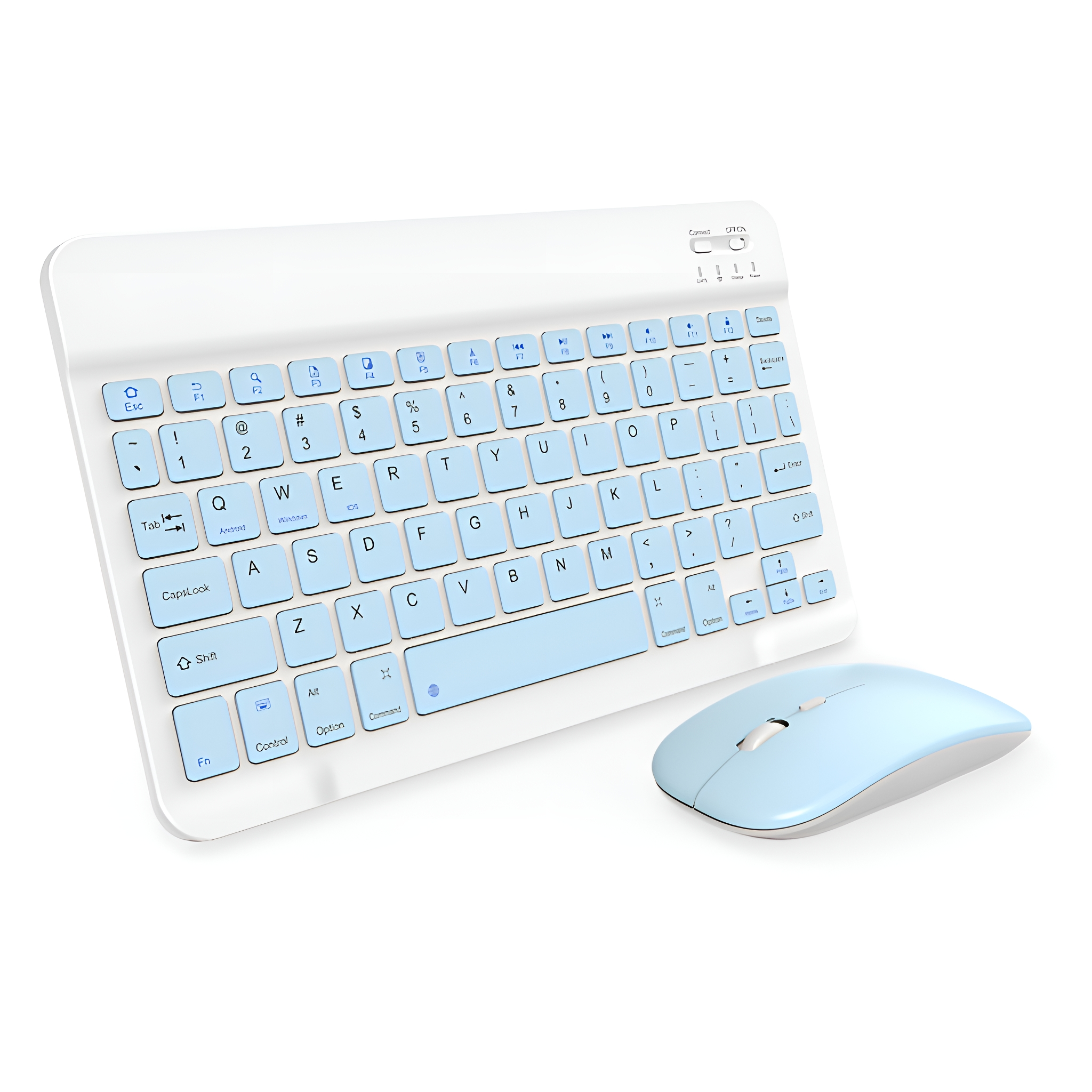 Weißes Tastatur- und Maus-Set. Die Tastatur hat hellblaue Tasten. Die Maus ist hellblau.