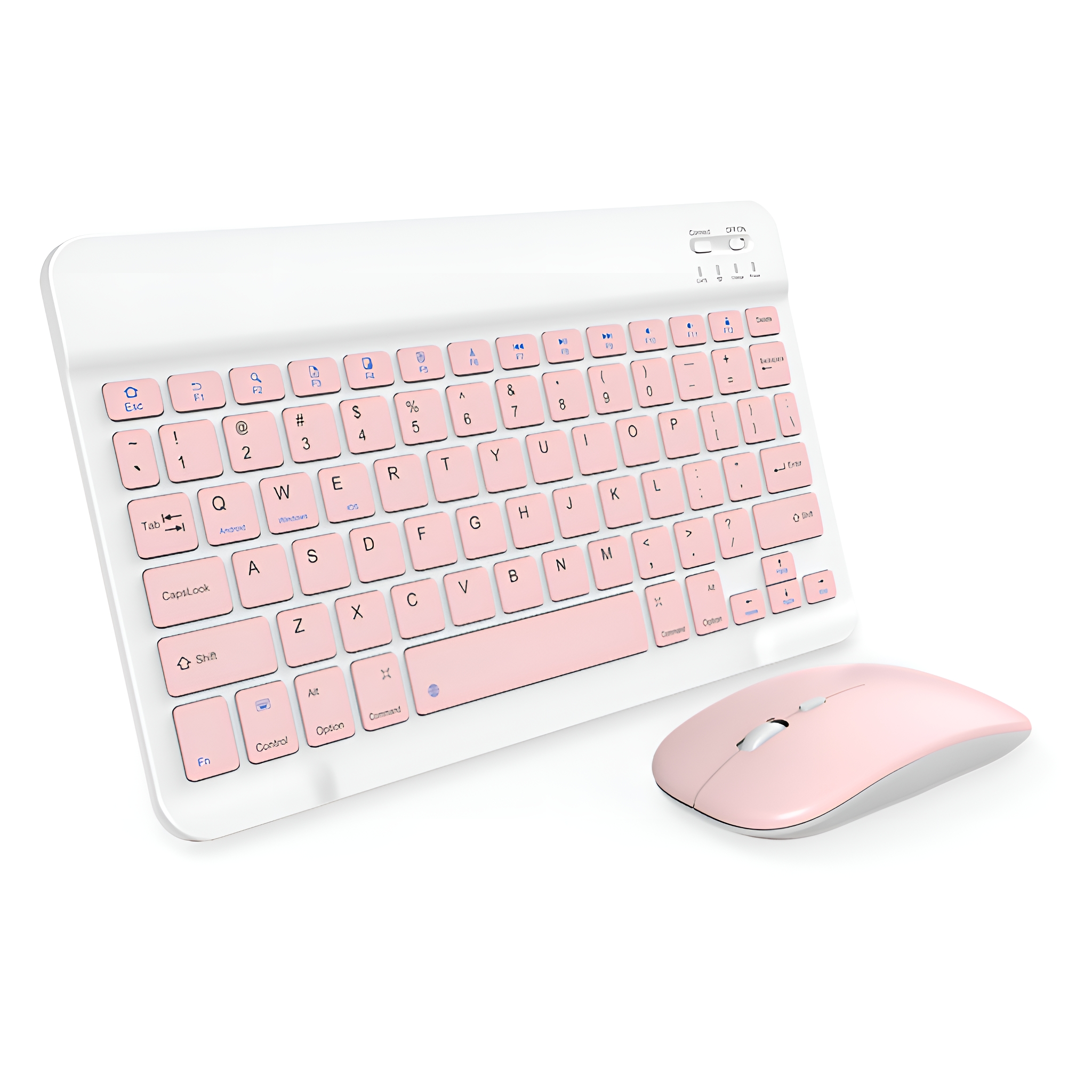 Weiße Tastatur und rosa Maus. Die Tastatur hat rosa Tasten und Text, eine Maus daneben.