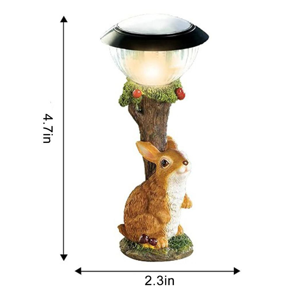 Eine solarbetriebene Gartenlampe mit einem Hasenfigurenfuß. Sie ist braun und weiß mit weißem Licht.