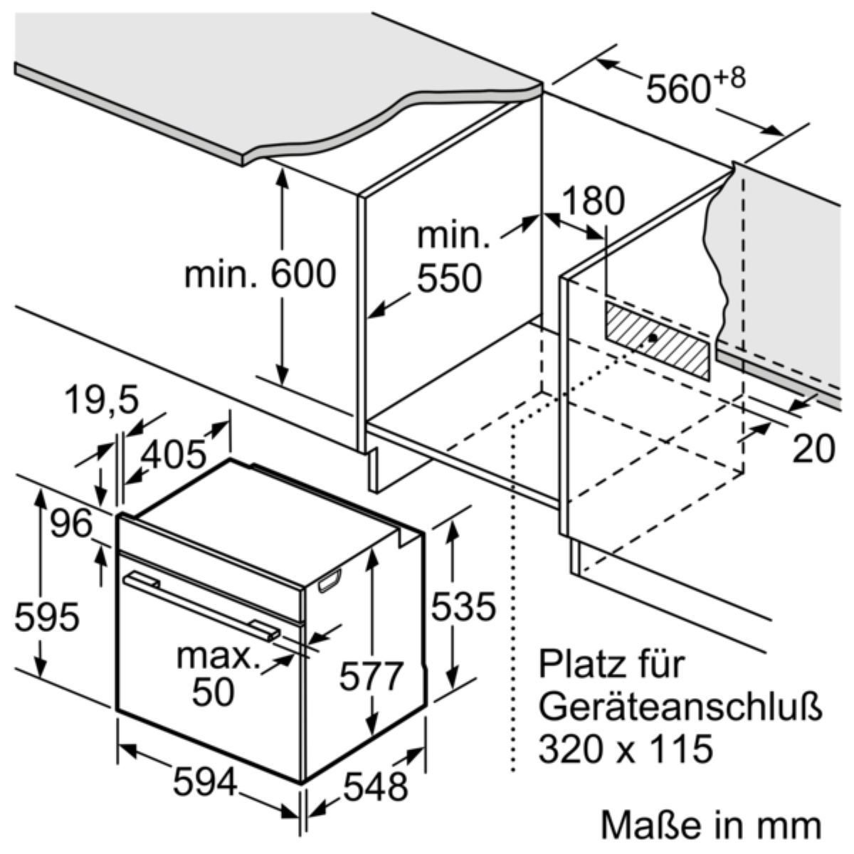 Ein Einbau-Backofen mit Abmessungen und Einbauraumdetails wird in einer technischen Zeichnung gezeigt.