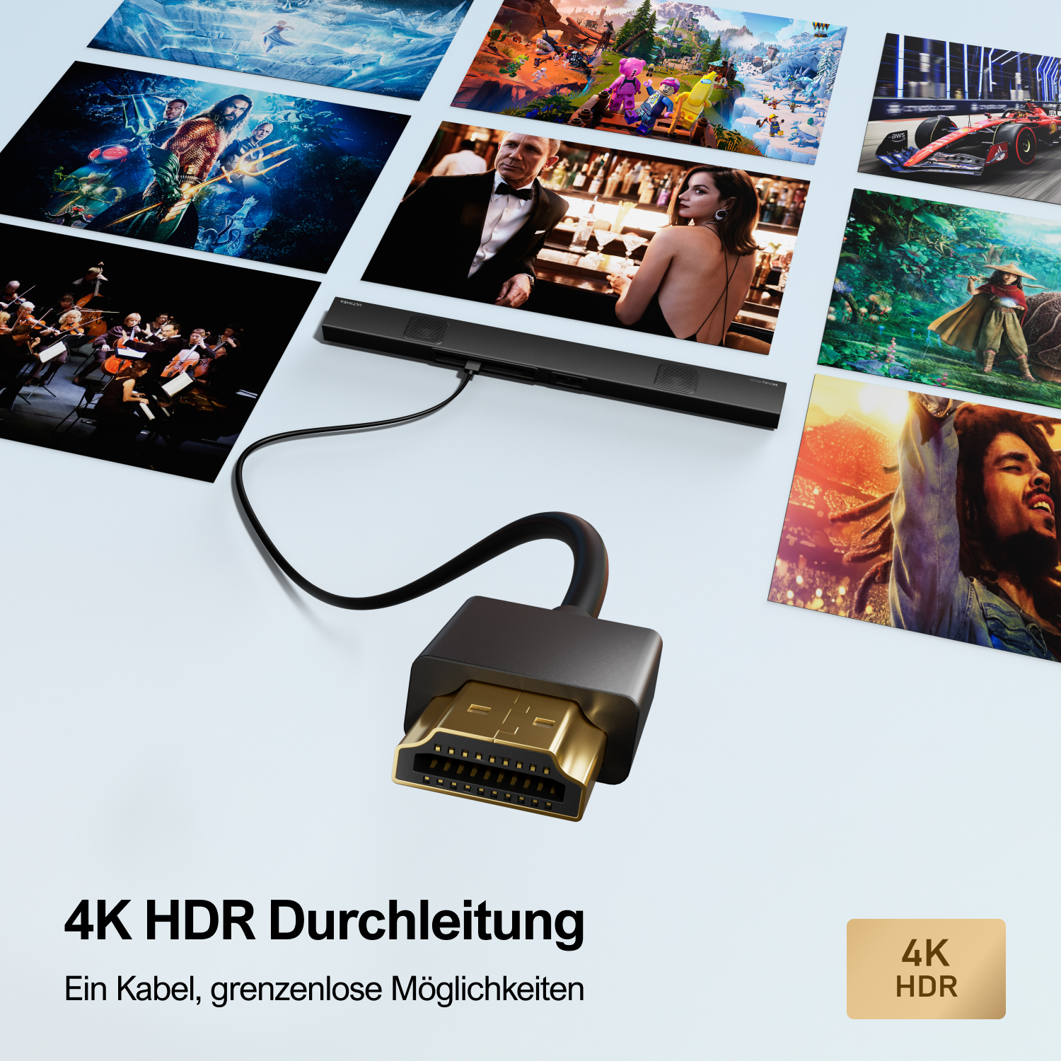 HDMI-Kabel an ein schwarzes Gerät angeschlossen, mit einer Reihe von Bildern im Hintergrund.