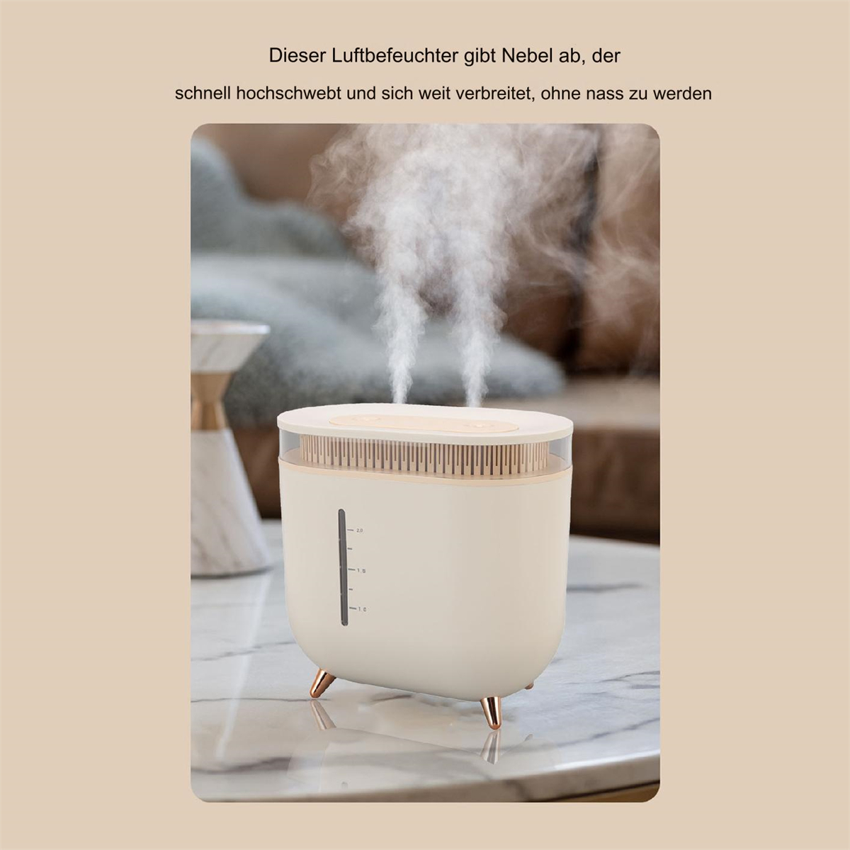 Ein weißer Luftbefeuchter mit goldenen Beinen, der Nebel abgibt, mit Text über dem Bild.