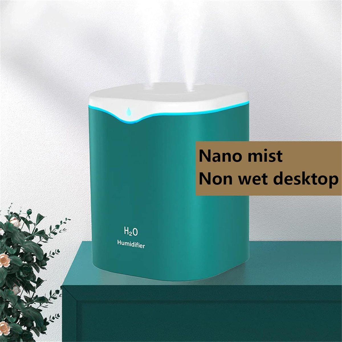 Türkisfarbener Luftbefeuchter mit Nebel und Text "Nano-Nebel Nicht nasse Oberfläche".