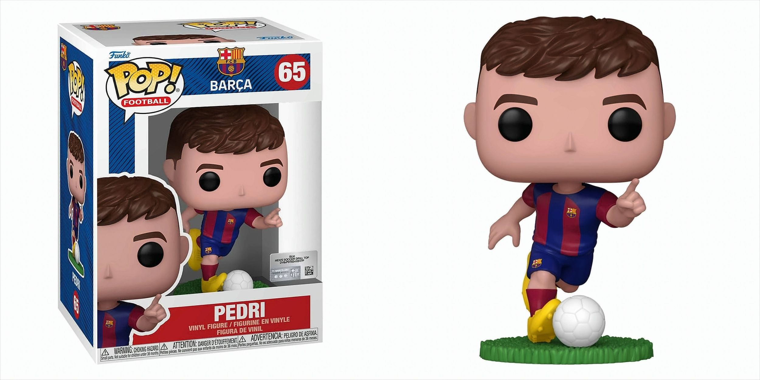 Funko Pop! Figur eines Fußballspielers in einer Box und stehend. Ein Barçá-Trikot ist sichtbar.