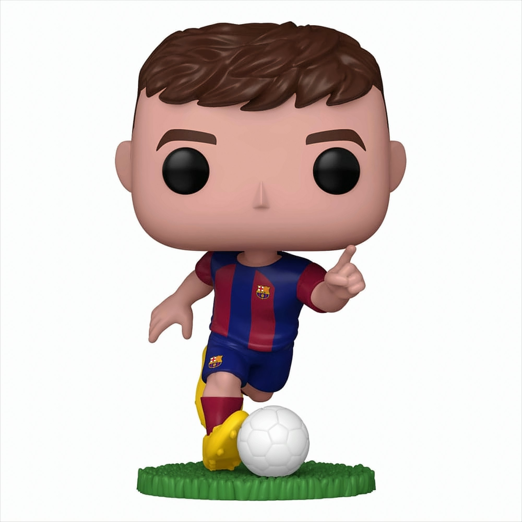Eine Funko Pop-Figur eines Fußballspielers in blau-roter Uniform, der einen weißen Fußball tritt.
