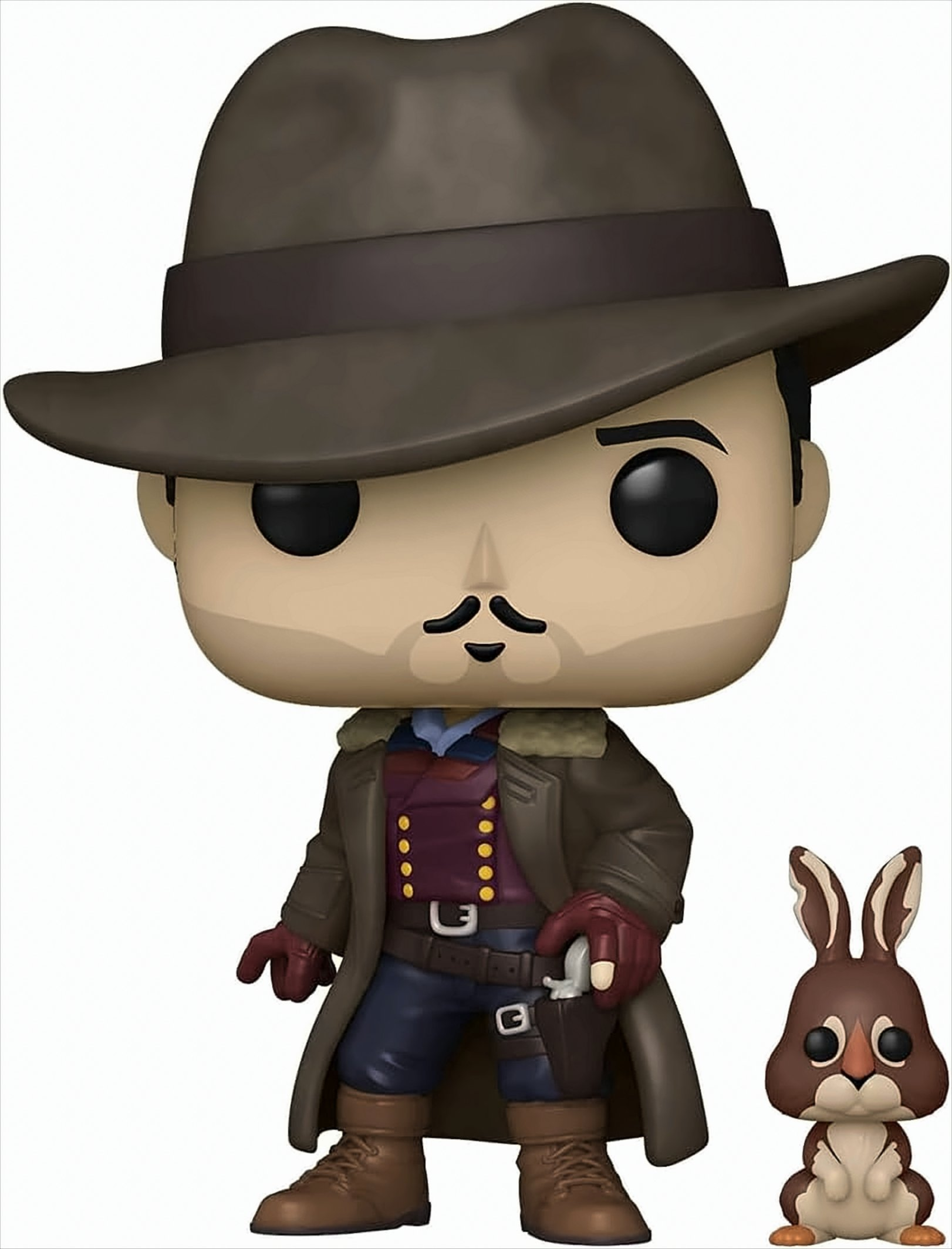 Ein Funko Pop eines Mannes mit braunem Hut und Mantel, neben ihm eine Kaninchenfigur.