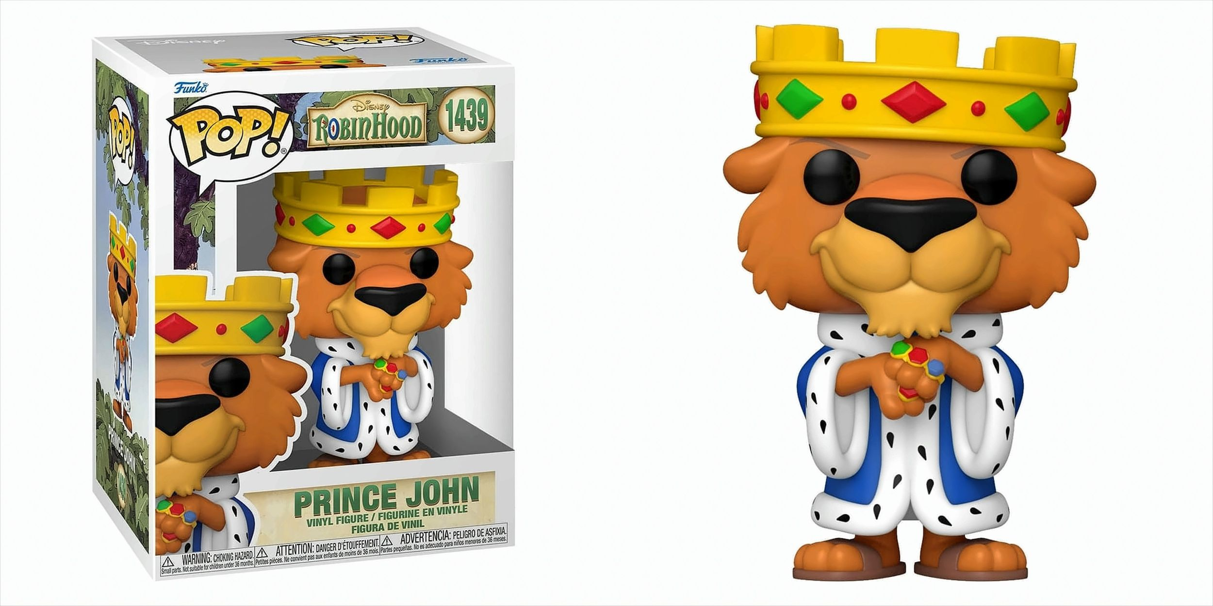 Personaggio Funko Pop del Principe Giovanni in scatola e fuori, su sfondo bianco.