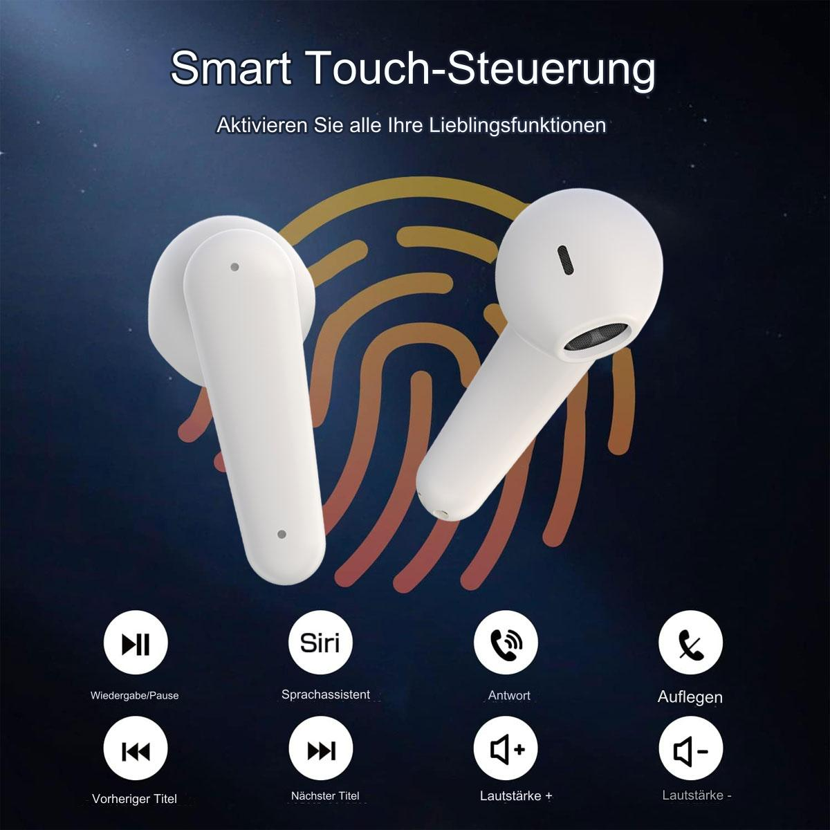 Zwei weiße kabellose Ohrhörer mit Touch-Control-Symbolen und Beschreibungen. Dunkler Hintergrund.