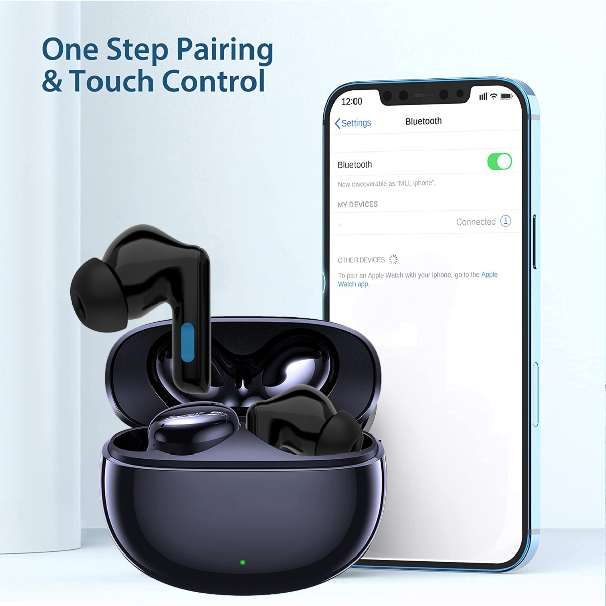Schwarze Ohrhörer in einem Ladecase neben einem Smartphone. Telefon zeigt Bluetooth-Einstellungen.
