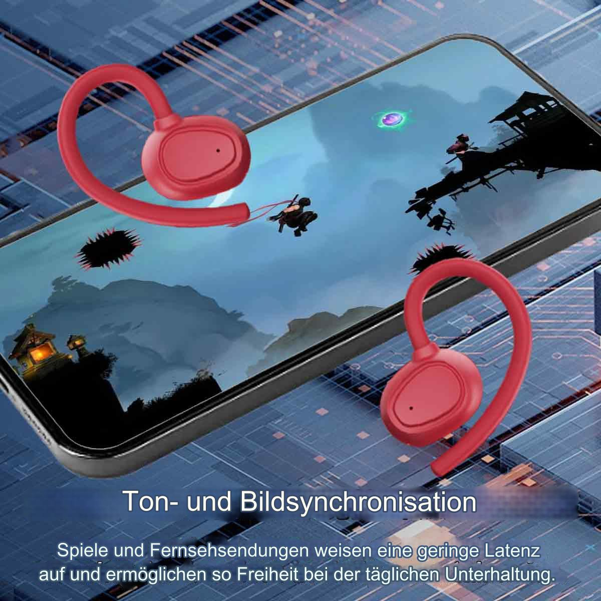 Rote Ohrhörer befinden sich auf einem Telefonbildschirm, der eine Spielszene zeigt, mit Text darunter.