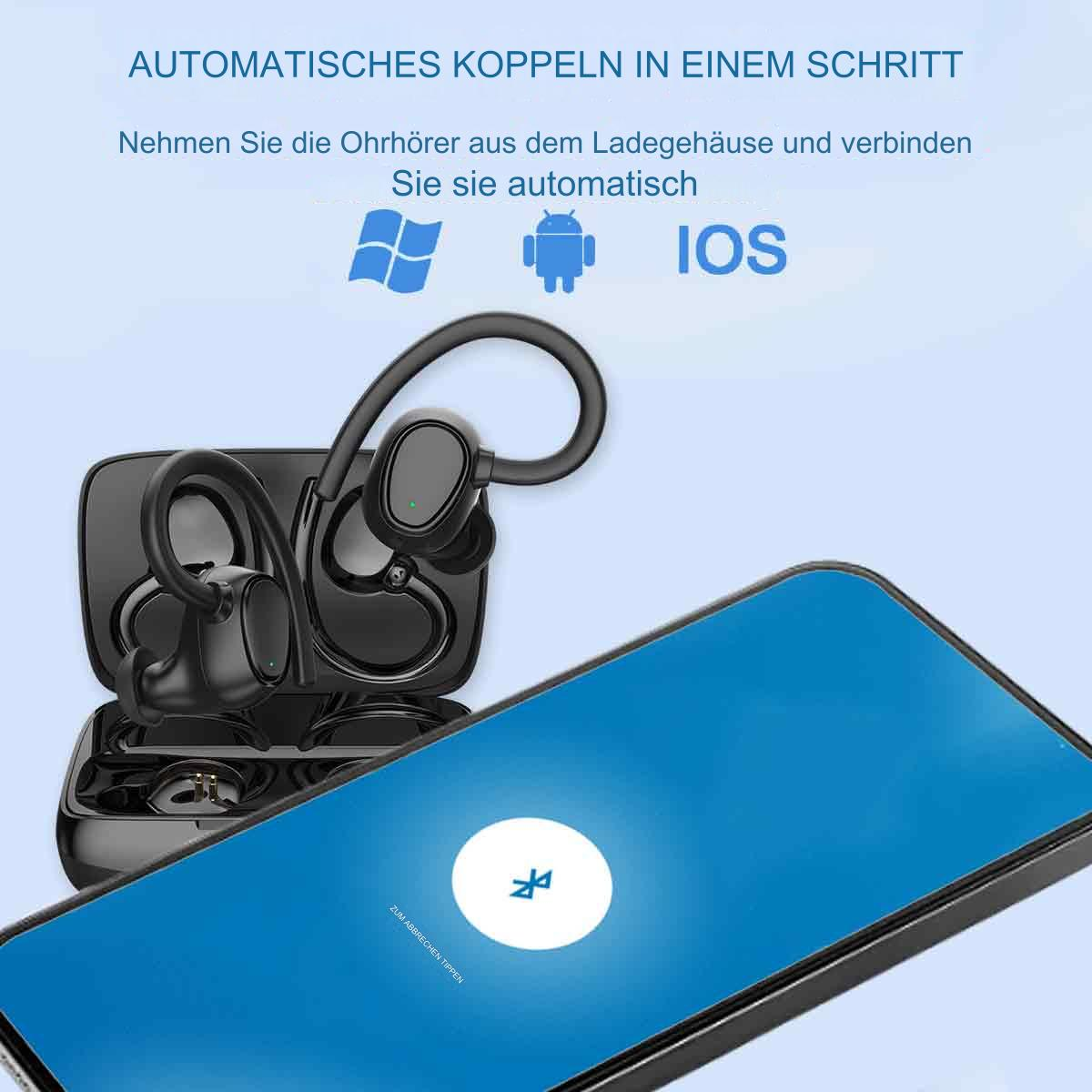 Kabellose Ohrhörer in einem Ladecase, mit einem Telefon, das den Pairing-Bildschirm zeigt.