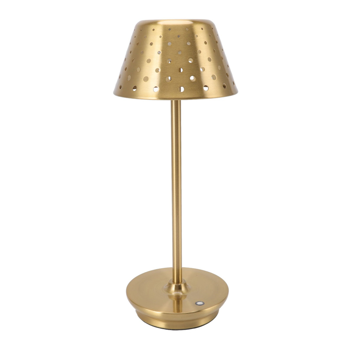 Eine goldene Tischlampe mit perforiertem Schirm und rundem Fuß.