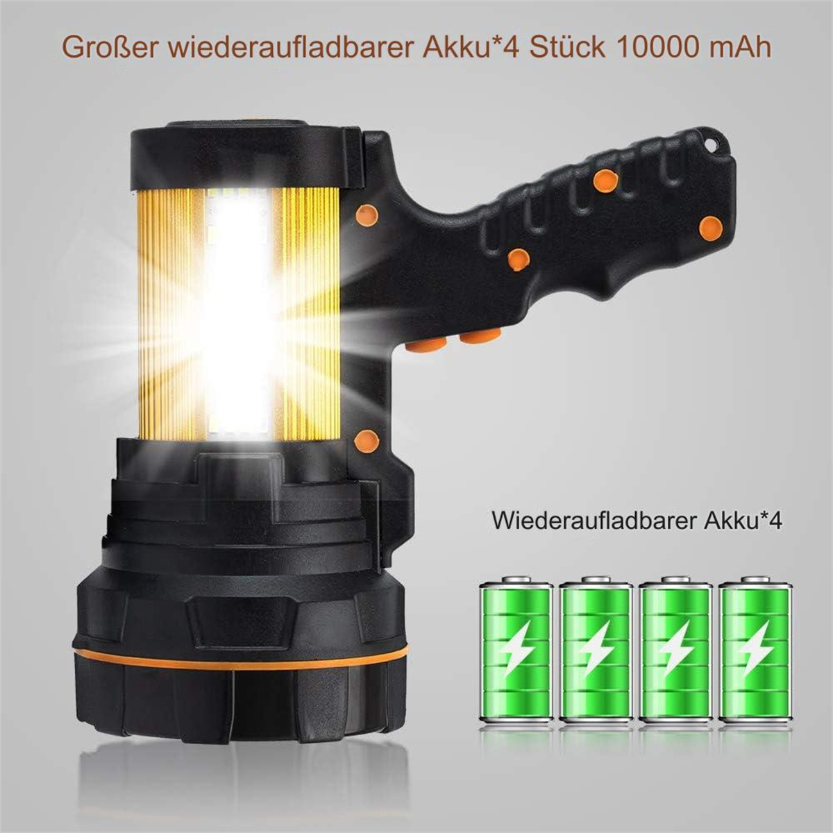 Schwarze und gelbe Taschenlampe mit Batterien. Text: Größerer Akku*4, 10000 mAh.