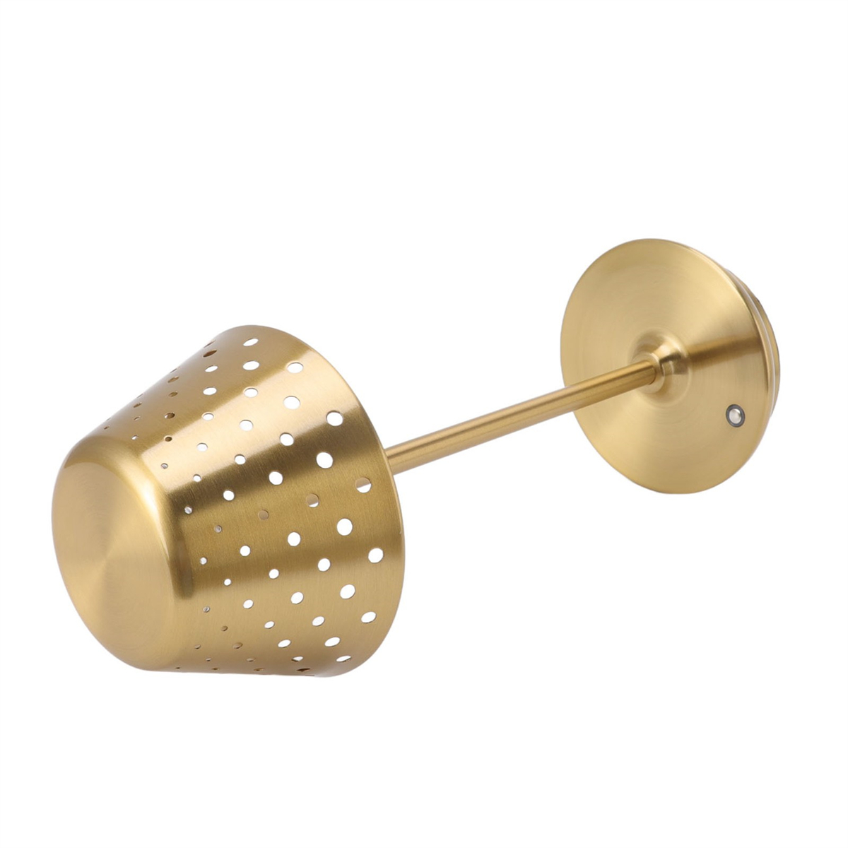 Goldfarbene Lampe mit perforiertem, konischem Schirm. Sockel und Stiel sind ebenfalls goldfarben.
