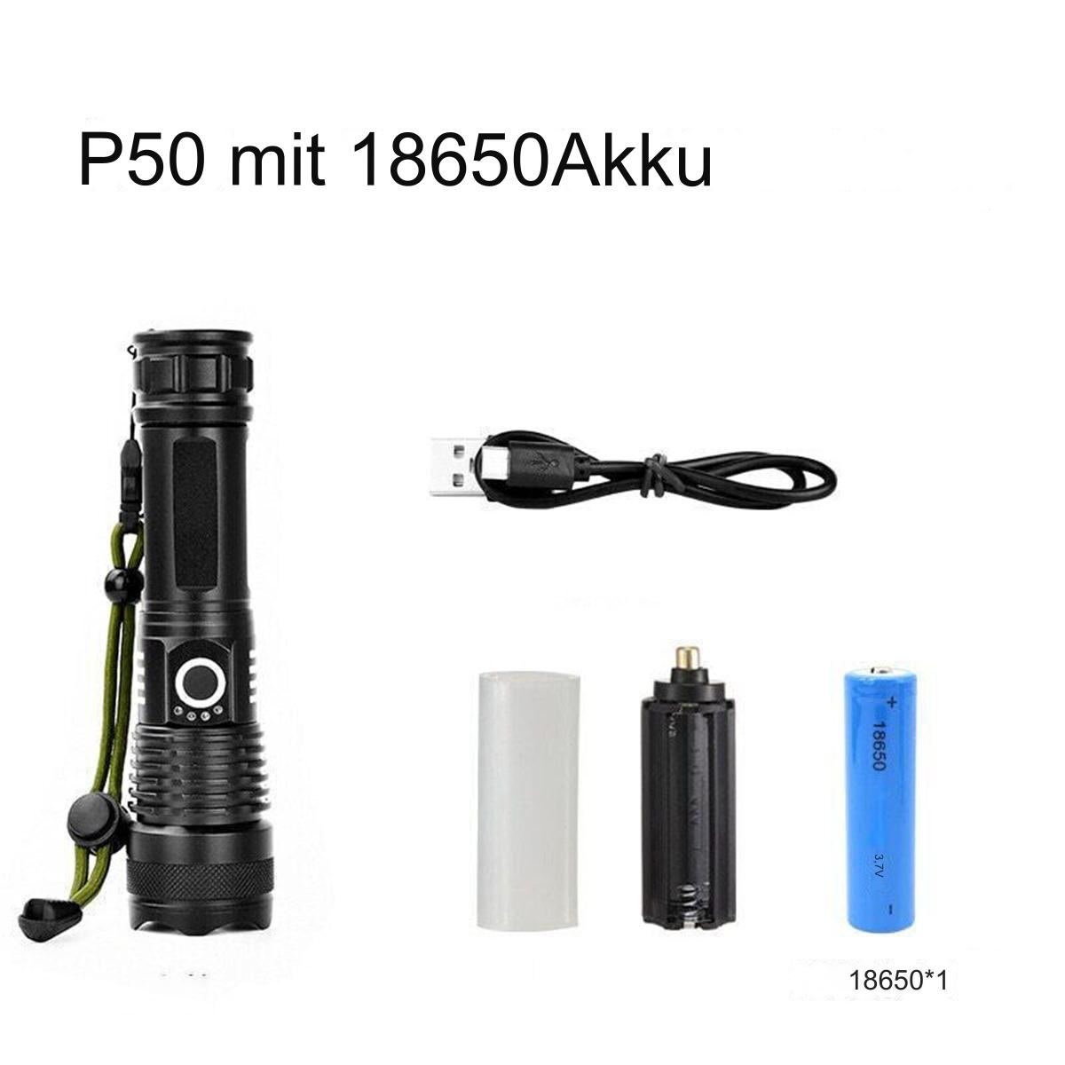 Schwarze Taschenlampe mit Zubehör: USB-Kabel, 18650-Batterie, Batteriehalter. Weißer Hintergrund.