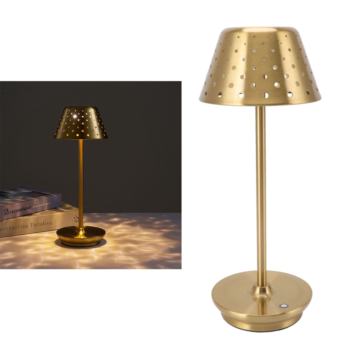 Goldfarbene Tischlampe mit perforiertem Lampenschirm auf einem Tisch. Bücher liegen auf dem Tisch.