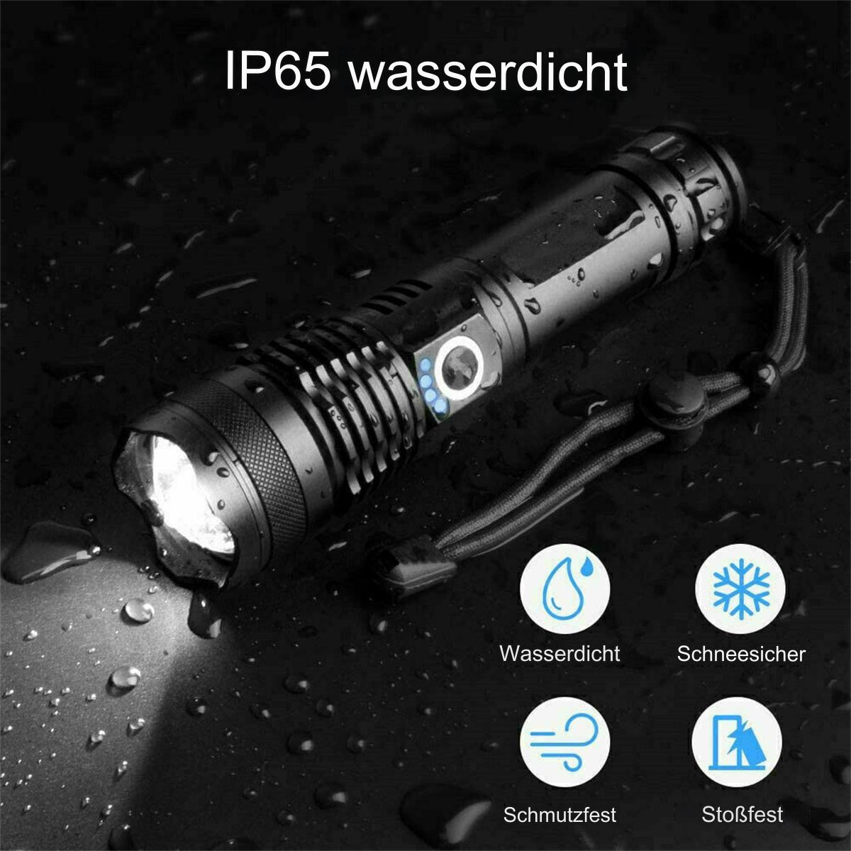 Schwarze Taschenlampe, wasserdichte Symbole und Text, auf dunklem Hintergrund.
