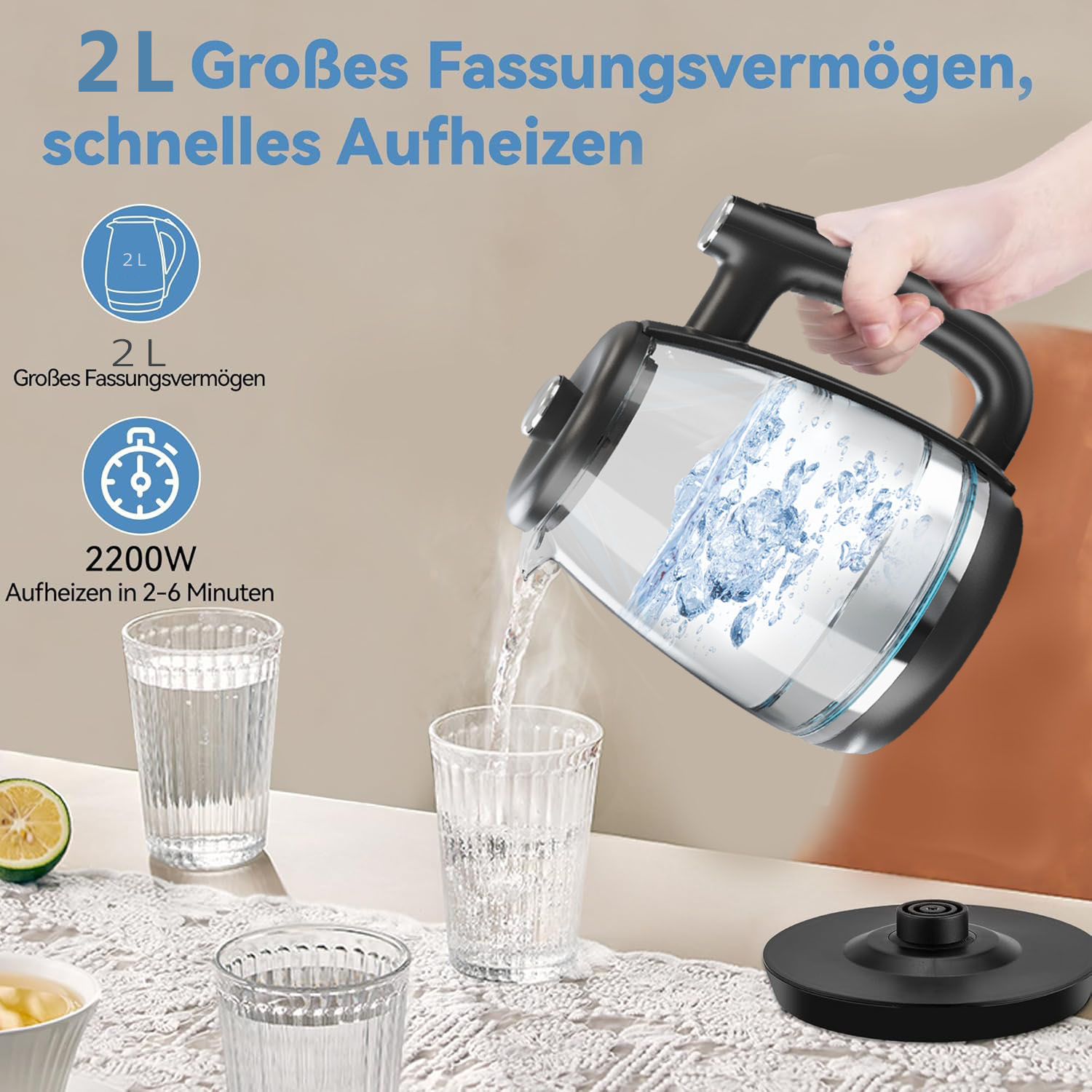 Avilia Glas-Wasserkocher 2 Liter – 1500 W, Einstellbare Temperatur, Edelstahl, Automatische Abschaltung
