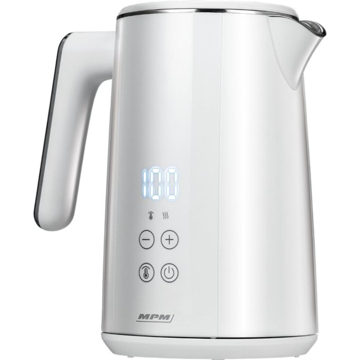Weißer Wasserkocher mit Digitalanzeige und Knöpfen.