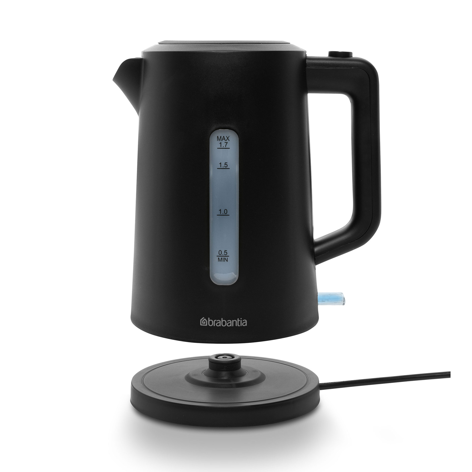 A black kettle with a blue water level indicator and a base.